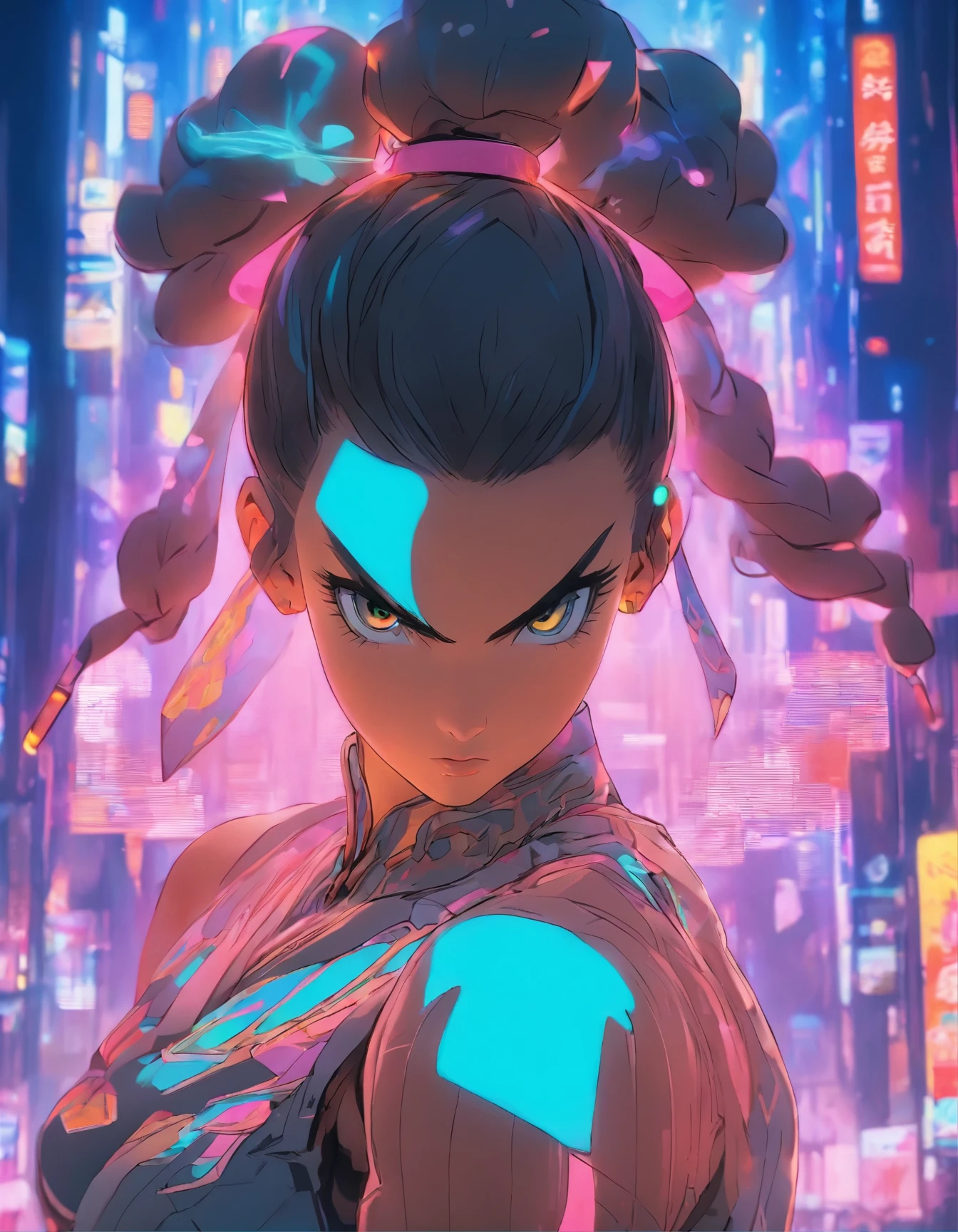 (best quality:1.3),(masterpiece:1.2),16k,level picture quality,future technology,1girl,A Chinese Chun-Li wearing cyberpunk style clothing,meatball head,(glowing electronic screen),(Electronic information flow:1.3),Holographic projection,(Glowing electronic screen on arm:1.2),Multi-line light strips all over the body,Luminous text on thigh,dynamic poses,Colored smoke,City blocks,skyscraper,neon lights,