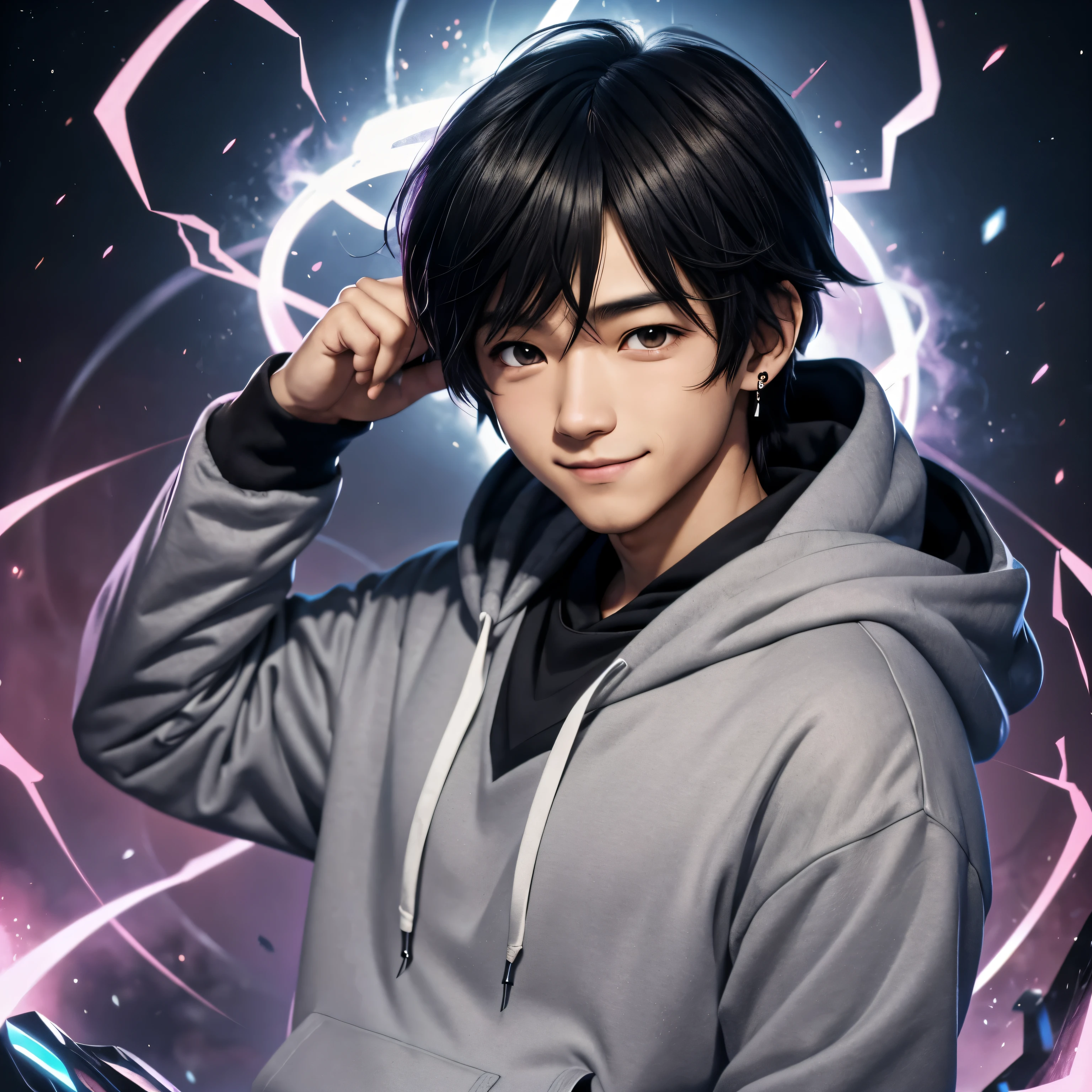 Close-up of a person wearing a hoodie, hiroyuki takahashi color scheme, kentaro miura'manga art style, High quality color sketches, half body portrait, young man wearing a gray hoodie, Baby-faced man from Demon Slayer art, semi-realistic anime style, Cell - shaded art style, anime youth, as an anime character、outside in spring、asymmetrical bangs、smile、The eyes are wide open、black earrings、Fair skin、cute and beautiful young man、smile、long bangs