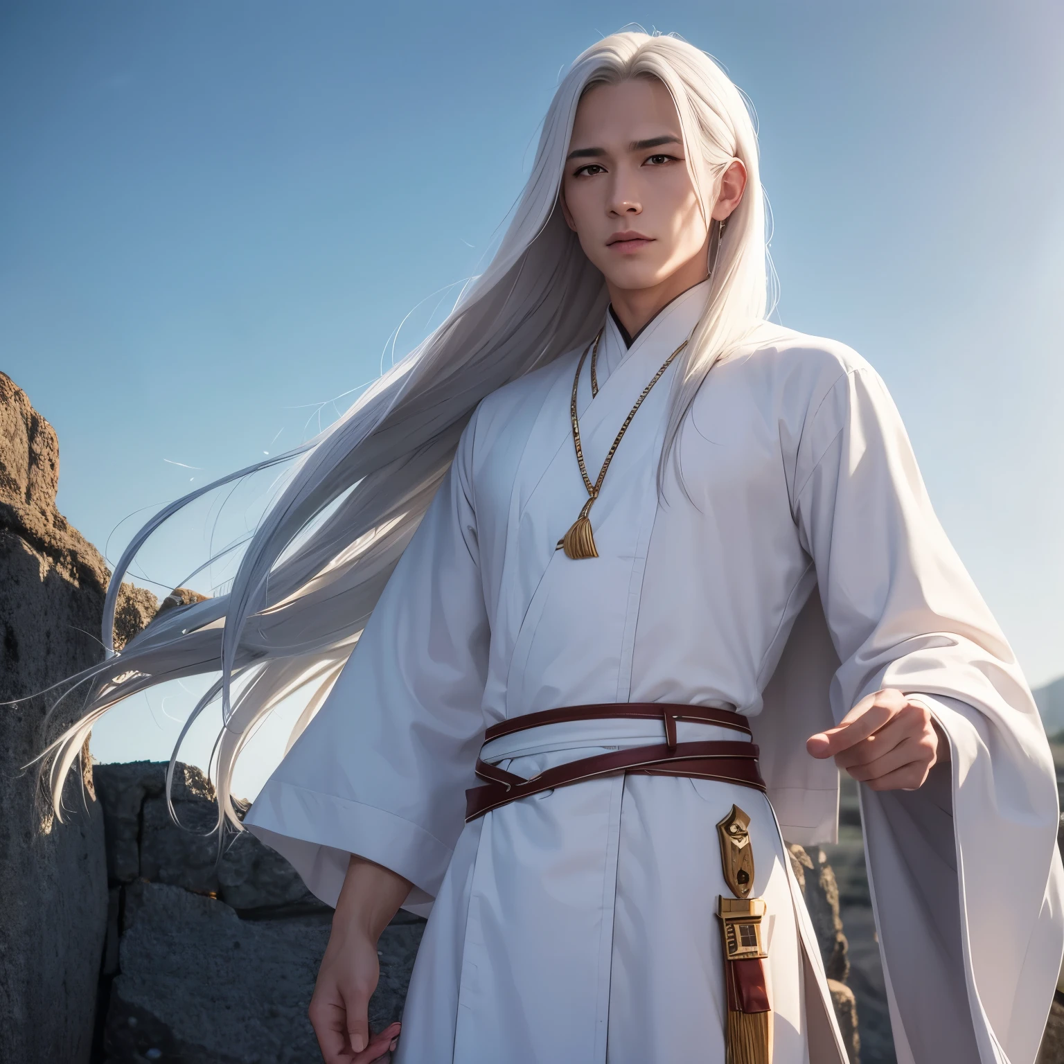 A man with white hair and a white robe, Kenji Tan, with long white hair, long white hair, still from live action movie, Inspired by Matt Smith, fantasy movie still, live-action movie scenes, cloud-like white hair, The exquisite prince, Inspired by Seki Dosheng, screenshots from movies, vivid purple eyes,