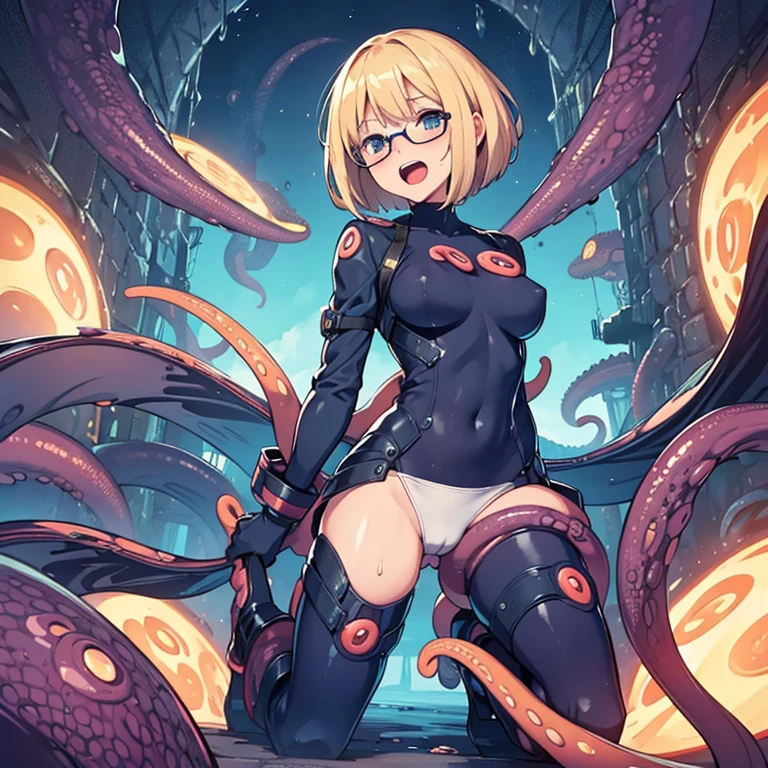 (masterpiece), best quality, expressive eyes, perfect face, ((1 mature woman, blond hair, short bob hair, glasses, azure pilot suit, pantiles, torn clothes)), large breast, large butt, ((alien tentacles, alien monsters, copulation with monsters, tentacle monsters, monstrous tentacles, tentacle eyes, tentacle mouth, defeated by tentacles, tentacles penetration, tentacles breast grab, restrained by tentacles, swarm tentacles gangbang, tentacles sucking, cum)), ((orgasm)), open mouth, look happy, shy, blush, sweat, in the spaceship,
