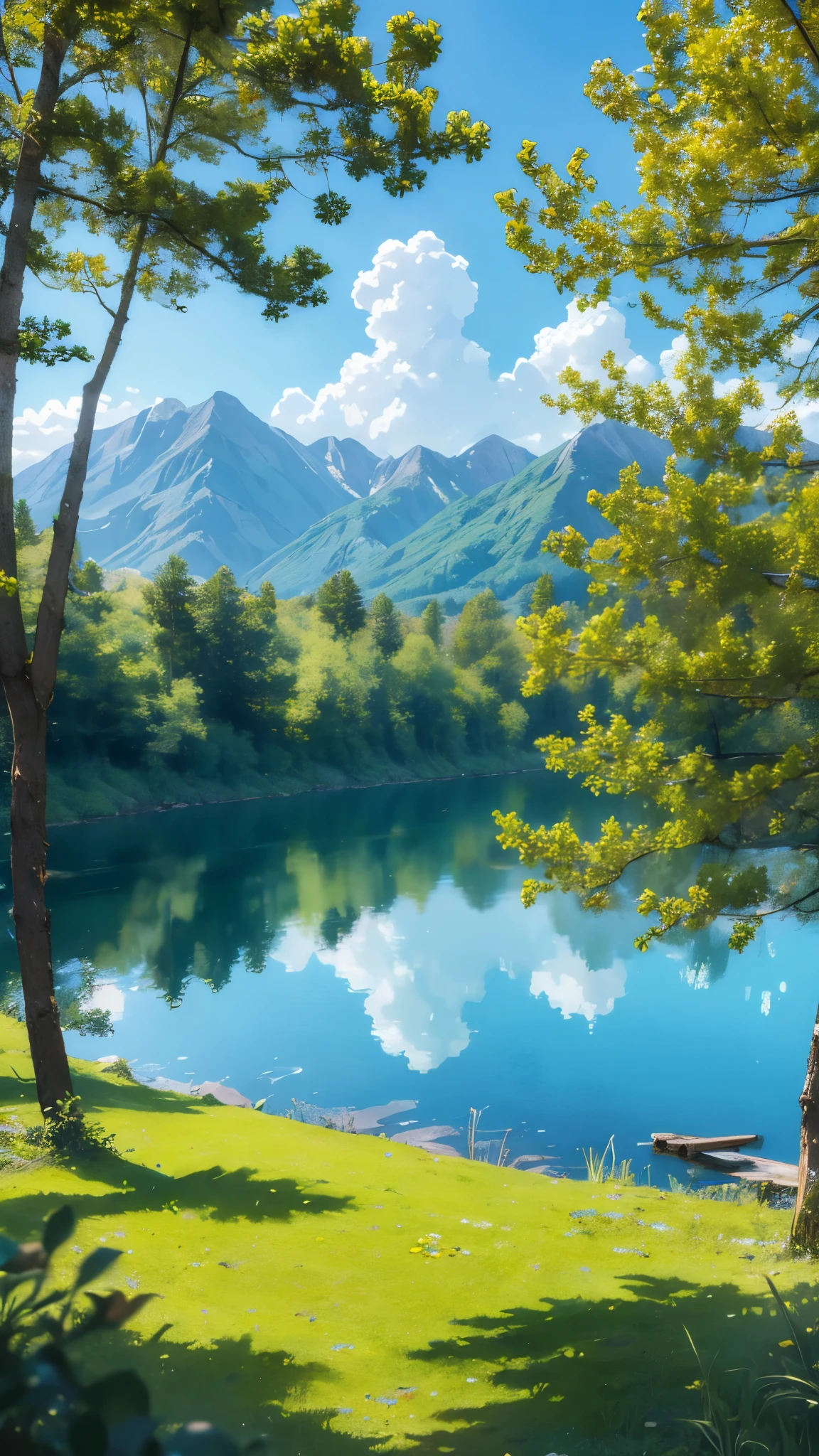 a lake and a forest, flower, outdoors, sky, day, cloud, tree, blue sky, no humans, grass, nature, scenery, mountain, detailed.