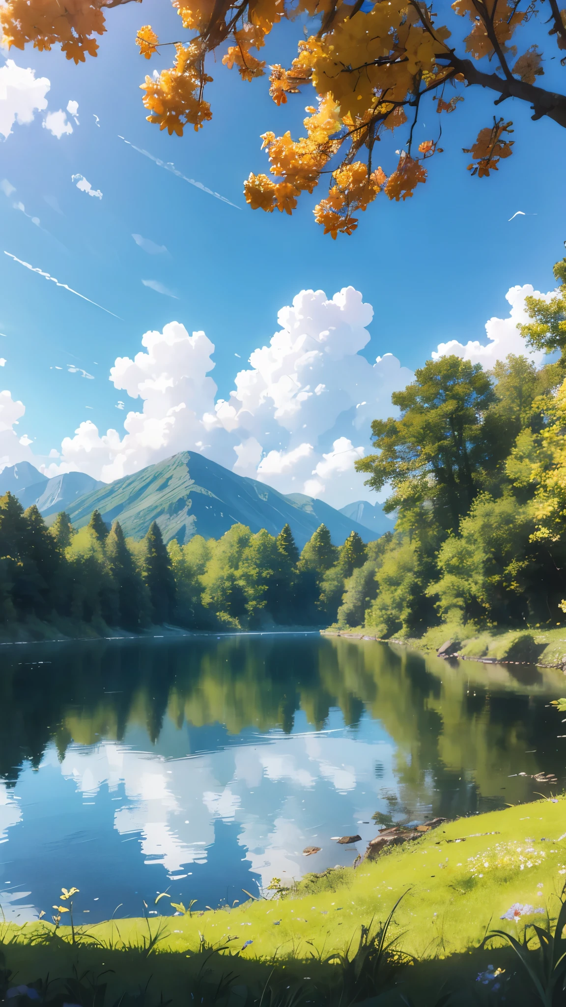 a lake and a forest, flower, outdoors, sky, day, cloud, tree, blue sky, no humans, grass, nature, scenery, mountain, detailed. 