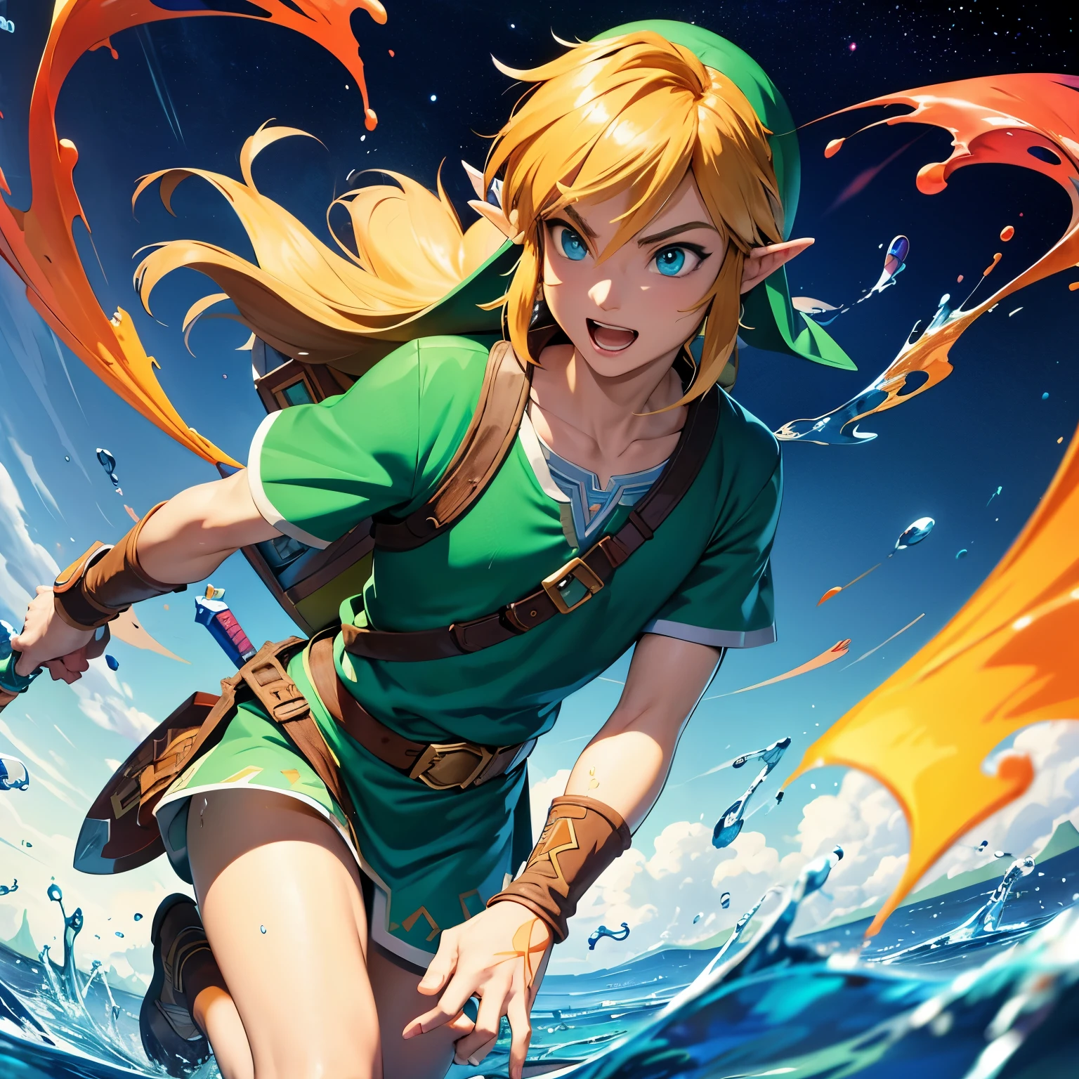 (ultra detailed,ultra high res,detailed background),((2D)),((flat color)),((colorful)),((floating colorful water)),1boy,solo,looking at viewer,BREAK, Link, the legend of zelda ocarina of time