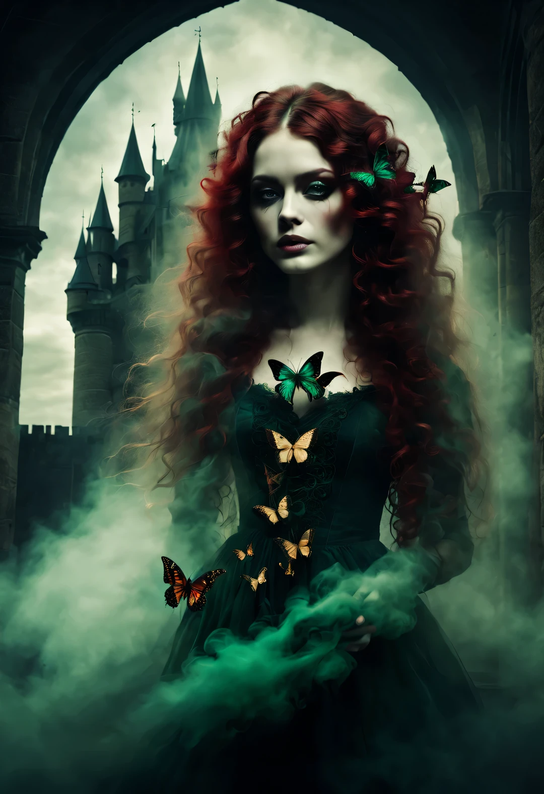 gothic dark art,Dream,amazing rag doll,ethereal,Long curly crimson hair,castle,dark green,double contact,Butterfly,smokes,