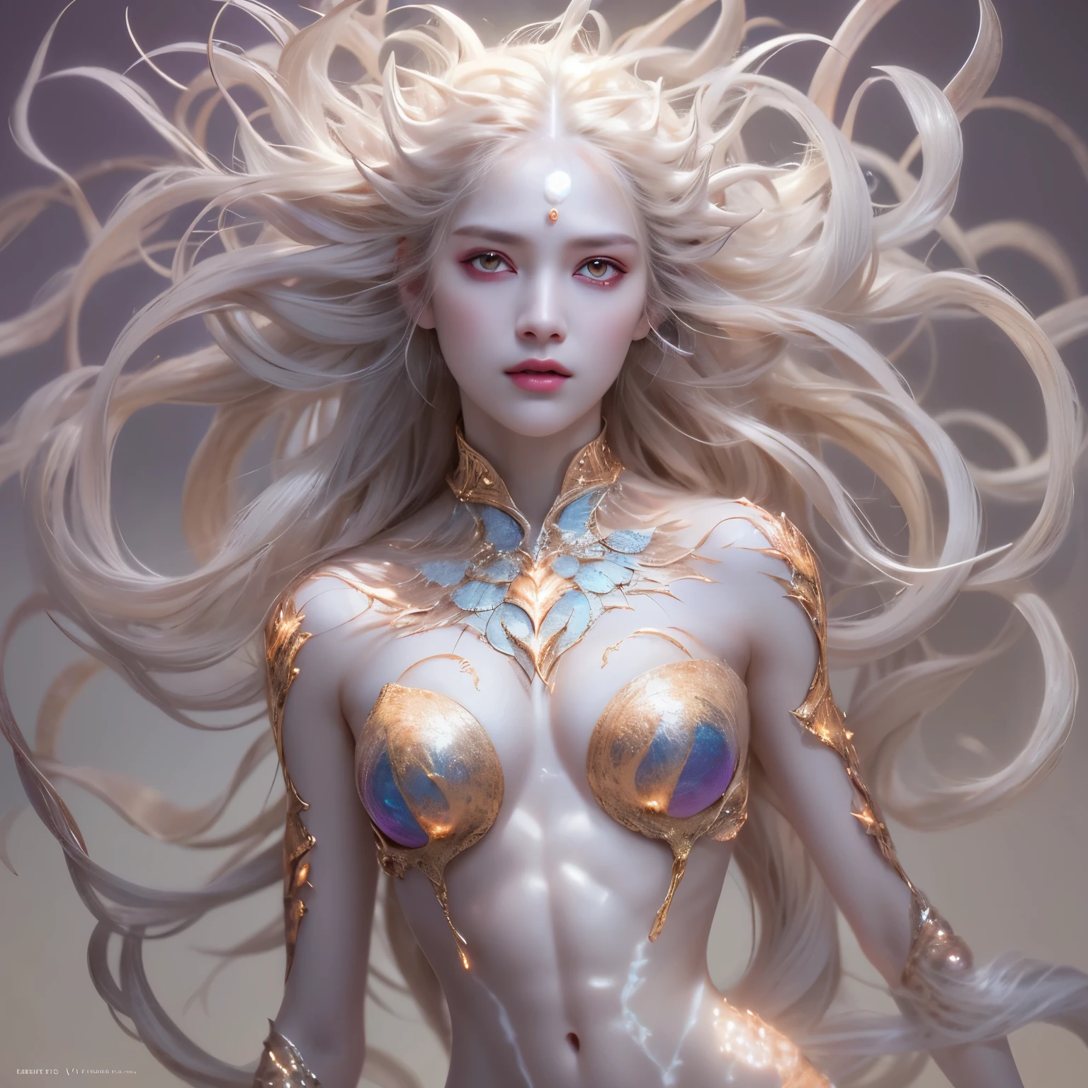 (1 female medusa-like mutant: 1.2), With a beautiful, enchanting face, this alien seduces us with her allure. Her captivating red eyes gleam brightly, reminiscent of burning embers. Her full body is unlike any human's, boasting a sexy, otherworldly form. No humans are present in this scene as she stands alone, her cells fused in a unique and intriguing extraterrestrial way.
(extraordinary beautiful nude photo:1.4), (glowing pearl white eyes:1.5), (sexy and glamorous:1.1), (coquettish expression:1.2), toned lean body, (muscular:1.2), (beautiful abs:1.5), beautiful nipples, She has lots of iridescent translucent tentacles instead of her hair, pale skin, (white skin with prominent veins:1.3),
Lots of iridescent translucent tentacles adorn her body, shimmering under the dramatic lighting. Her pale skin, with a hint of translucency, adds to her ethereal allure. This masterpiece, rendered in, (There is a female genital-like organ in the middle of the forehead:1.6),