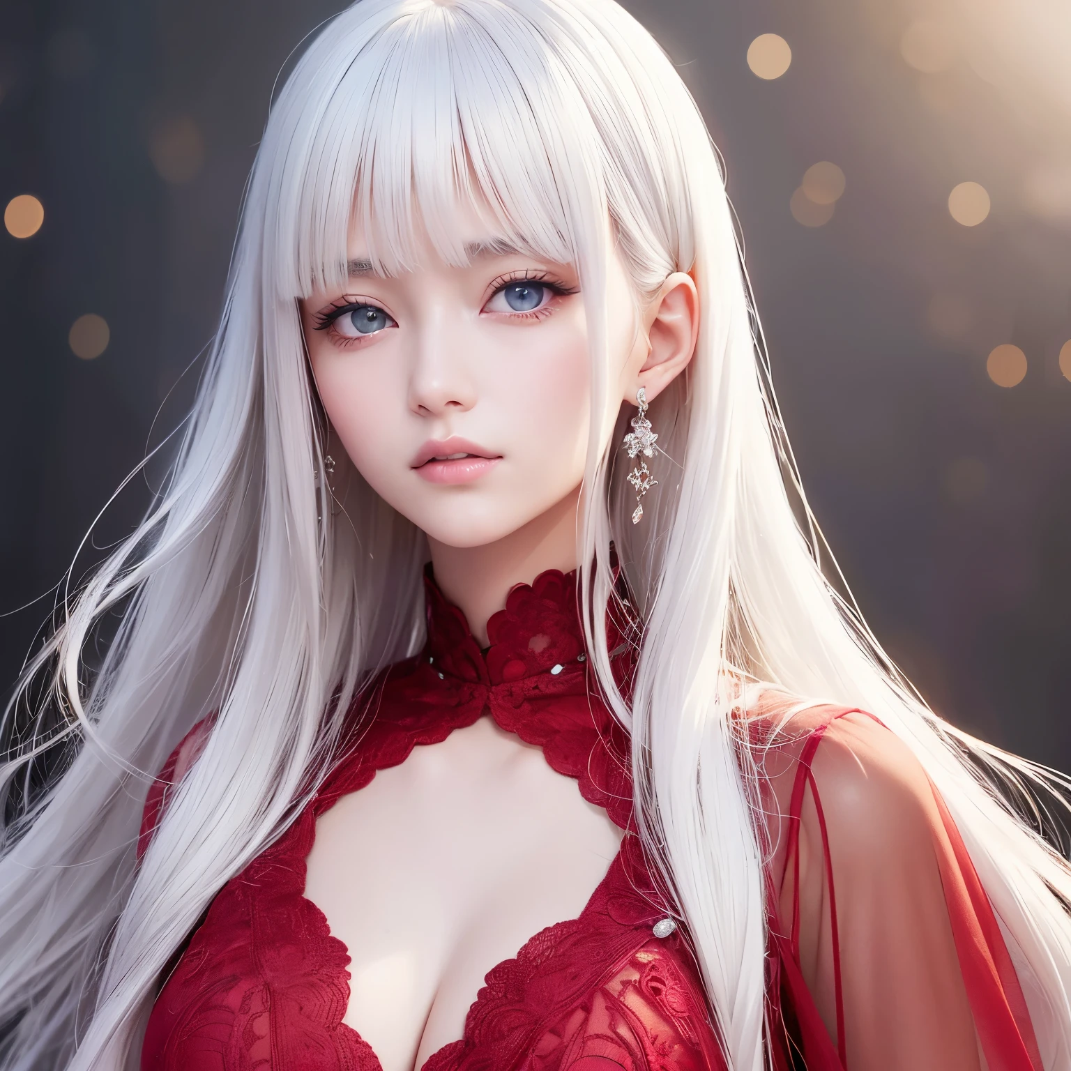 highest quality、masterpiece、(realistic:1.1), (((20-year-old, , mature face)))、super long straight hair、white hair color, bangs between the eyes、white skin、glowing skin、 princess dress, frontage、detailed face、so beautiful、Sparkling vivid purple eyes、(bright look:1.1)、 Winter Vivid and sharp focus, (((ginormous chest))),looking at the viewer, top-quality、超A high resolution、a red dress、large full breasts,