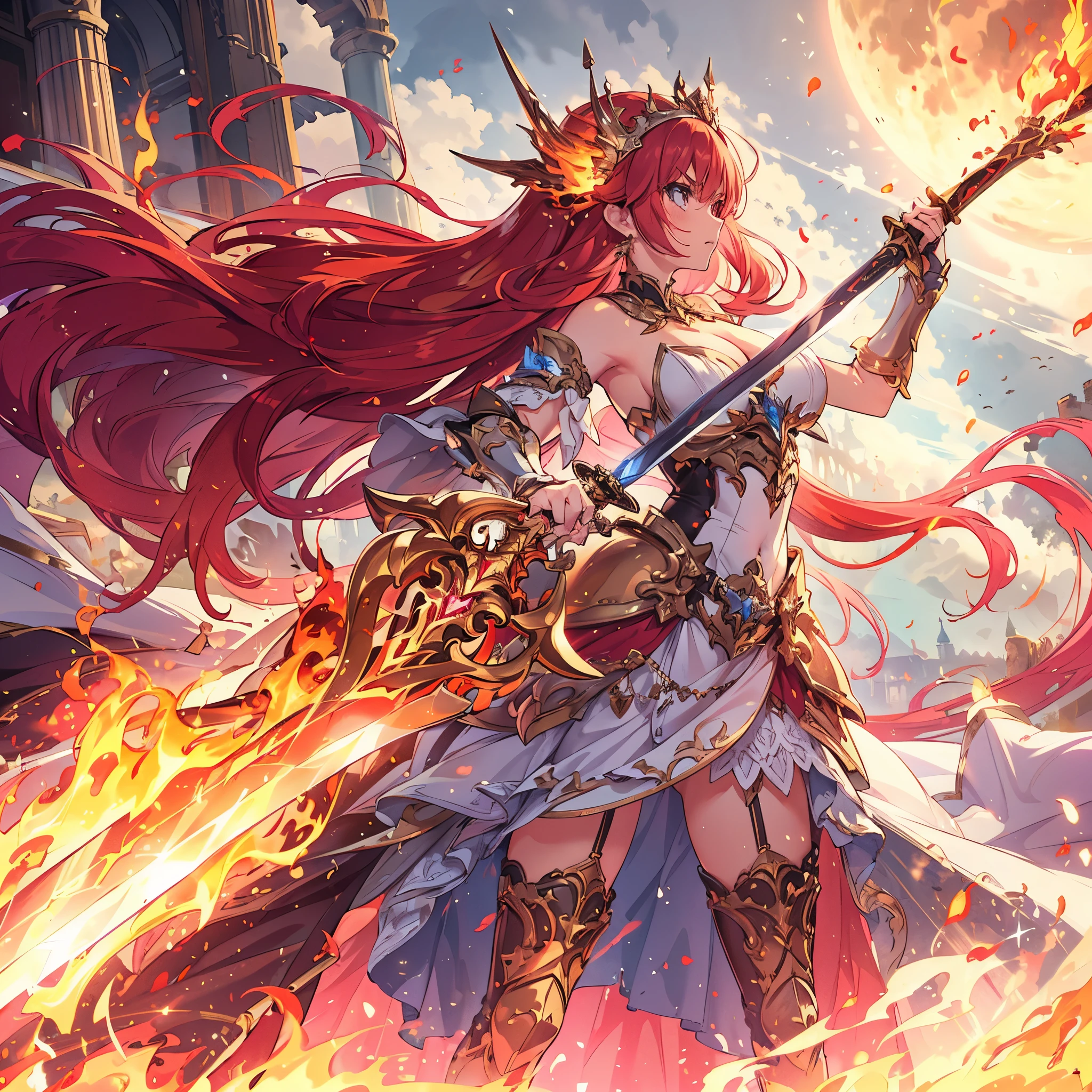 (masterpiece), best quality, fantasy art, 1girl, a girl in metal armor holding sword, ((sword of flame)), ((close-up of sword)), (huge sword), PlantedSword,(holding sword). pink_dress, white_armor,cropped shoulders armor, plate armor, armor dress,gauntlets, red hair, long hair, tiara,cleavage, thighs, thighhighs,glaring, weapeon, (sword:1.3),PlantedSword, full moon