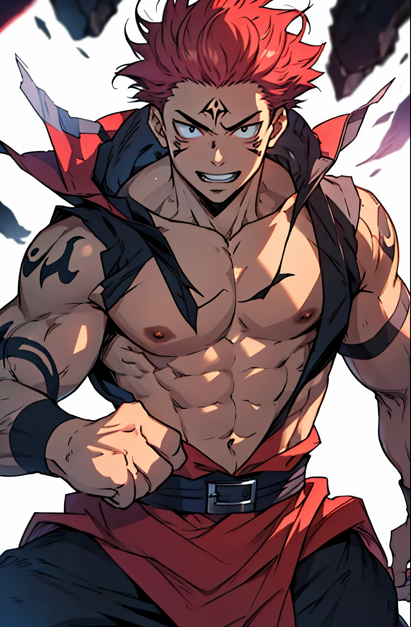 (obra prima, melhor qualidade:1.2) homem, um , solo, 4k, high resolution, rosto detalhado, pugilista, premiado, 8k, yuuji itadori (jujutsu kaisen), anime, jujutsu kaisen, tatto on his face, ryoumen sukuna tatto, sukuna jujutsu kaisen, 3:1