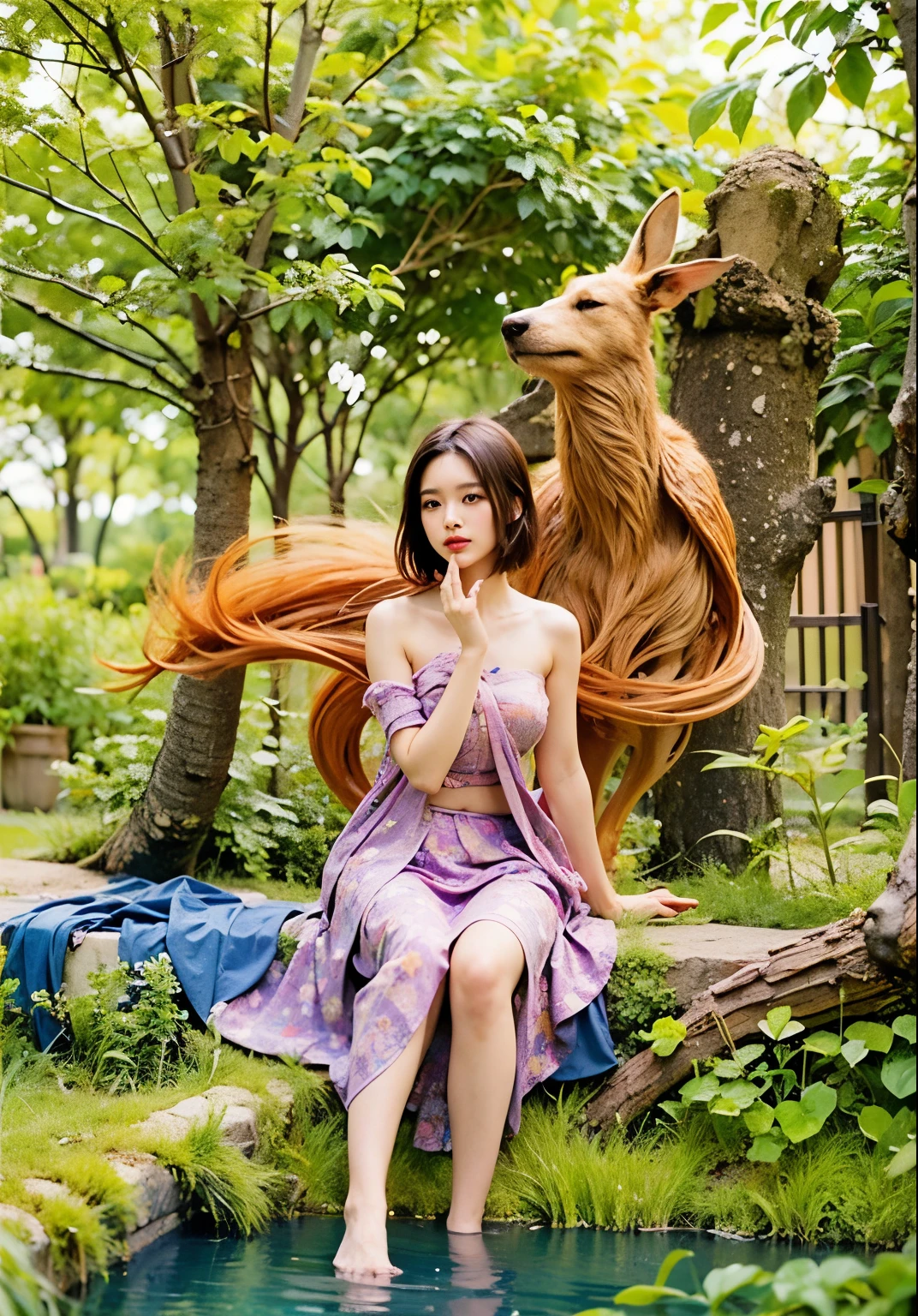 (Best quality, 8k, 32k, Masterpiece, UHD:1.2) "Generate a captivating artwork featuring a young Japanese girl model with short, sleek black hair styled in a chic bob haircut. Envision her bathed in dramatic cinematic lighting, creating an atmosphere of allure and mystery. Emphasize a romantic aesthetic vibe, showcasing the model in a poised and elegant pose that evokes a sense of intimacy and sophistication. Utilize warm and soft tones to enhance the romantic ambiance, and consider incorporating elements like flowing fabrics or flowers to add a touch of ethereal beauty. Capture the essence of romance and beauty through the model's expression, the play of light and shadows, and the overall aesthetic, creating a visually compelling and emotionally resonant piece." (perfect eyes), flawless skin, flawless face, cinematic, tight body, ((well-proportion female hands)), ((female hands with five digits)) ((Body is well proportioned)), ((chic bob haircut)), Girl, forest,