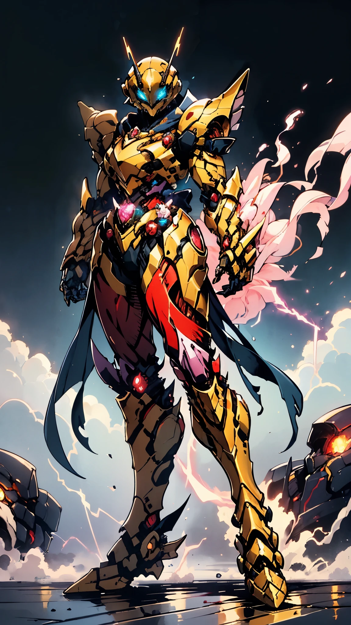 A woman adorned in fantasy-style full-body armor, a crown-concept fully enclosed helmet that unveils only her eyes, a composite layered chest plate, fully encompassing shoulder and hand guards, a lightweight waist armor, form-fitting shin guards, the overall design is heavy-duty yet flexible, ((the armor gleams with a golden glow, complemented by red and blue accents)), exhibiting a noble aura, she floats above a fantasy-surreal high-tech city, this character embodies a finely crafted fantasy-surreal style armored hero in anime style, exquisite and mature manga art style, (Queen bee mixed with Spider concept Armor, plasma, blood), ((Element, energy, elegant, goddess, femminine:1.5)), metallic, high definition, best quality, highres, ultra-detailed, ultra-fine painting, extremely delicate, professional, anatomically correct, symmetrical face, extremely detailed eyes and face, high quality eyes, creativity, RAW photo, UHD, 32k, Natural light, cinematic lighting, masterpiece-anatomy-perfect, masterpiece:1.5