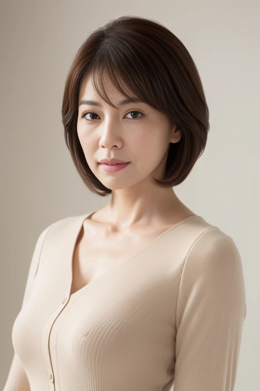 Masseter muscle part, highest quality, masterpiece, High resolution, Photoreal, Raw photo, 8k wallpaper, Flawless, professional lighting, very detailed, Depth of the bounds written,pale plain background, ((Japanese mature woman in her 50s)), Chubby body type, women sexy, detailed face, beautiful eyes, bangs, big and full breasts, Straight light brown hair that reaches to the shoulders, faint lips, ((stand facing the center of the screen, look at the viewer, serious face)),business wear, legs protrude from the frame, looking at the viewer, cowboy shot