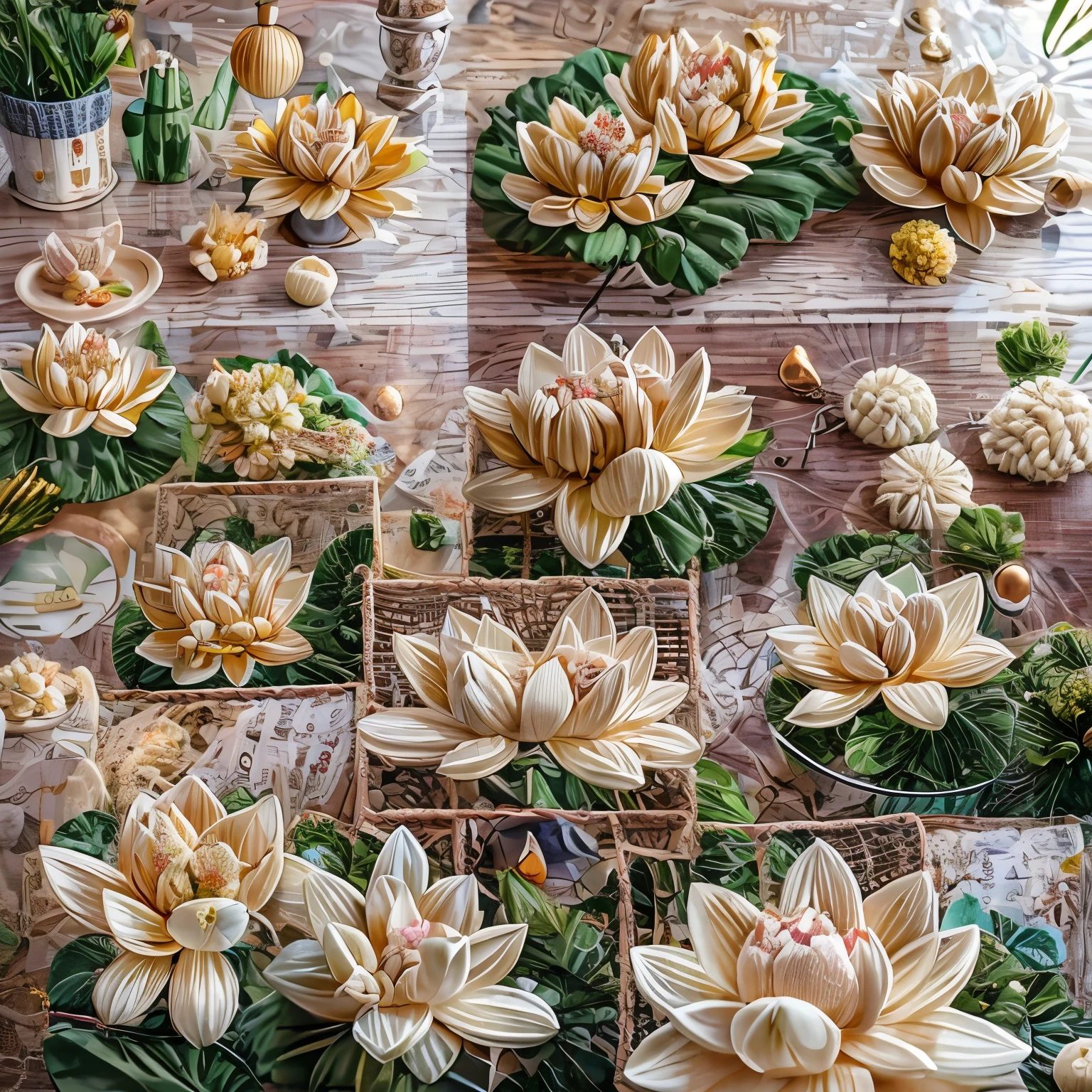 (La best quality,high resolution,super detailed,actual),Cute knitted lotus flowers，in the room，smiley face，Christmas decoration，surrounded by christmas gifts，A masterpiece full of fantasy elements）））， （（best quality））， （（intricate details））（8k）