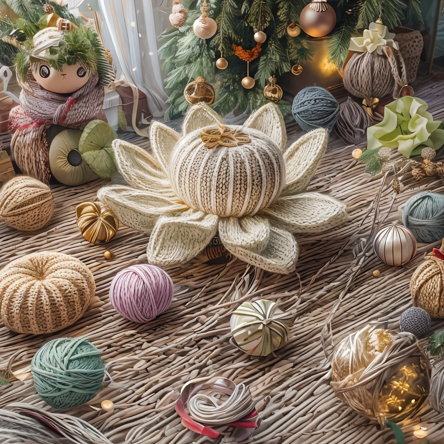 (La best quality,high resolution,super detailed,actual),Cute knitted lotus flowers，in the room，smiley face，Christmas decoration，surrounded by christmas gifts，A masterpiece full of fantasy elements）））， （（best quality））， （（intricate details））（8k）