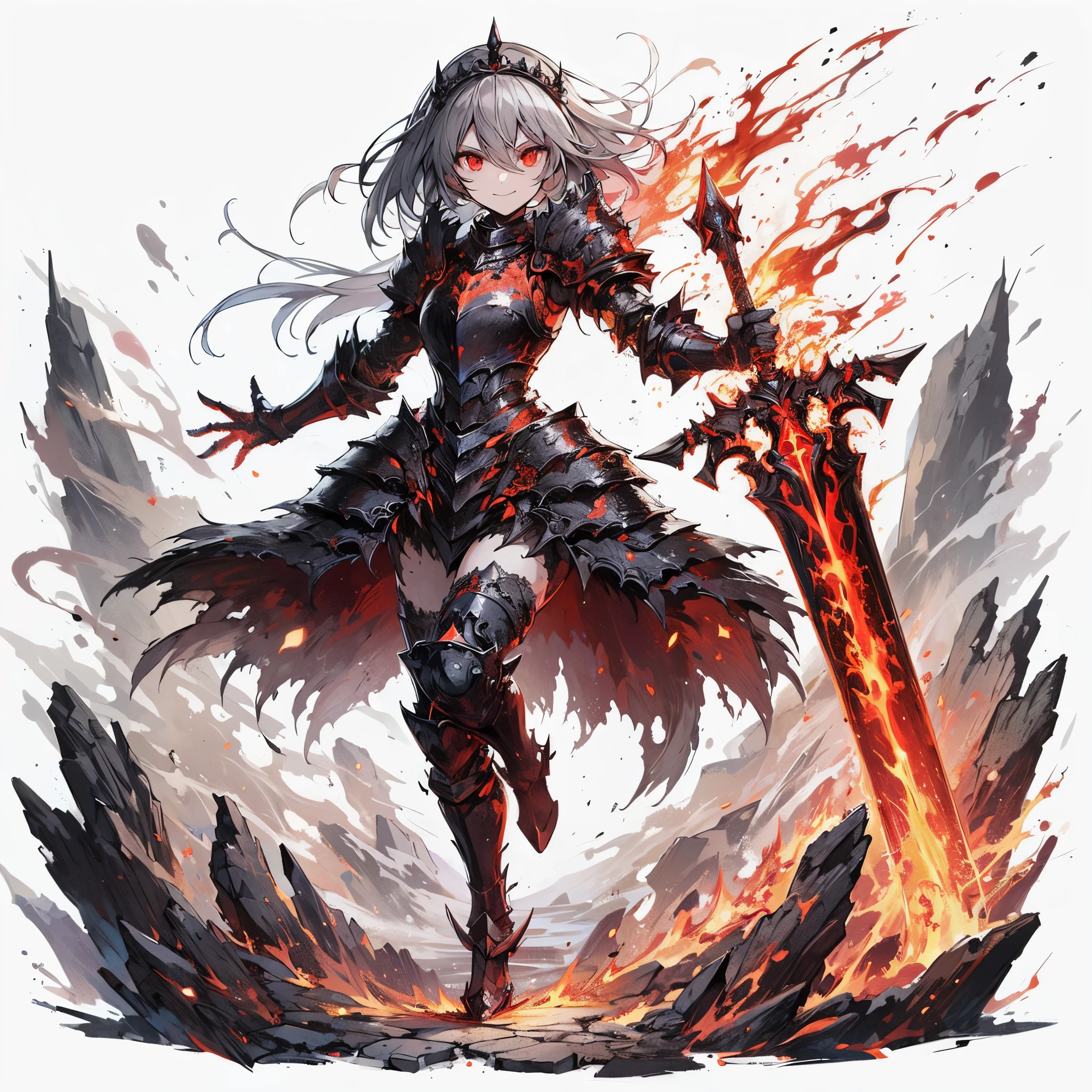 (Masterpiece), (Perfect Athlete Body:1.2), Full Body, anime style, female Knight of undead, glowing red eyes, ash hair, black burned armor, shedding molten iron like blood, holding blade, flaming fist, wearing raised boots, White Background, Whole Body, Standing in Rough Terrain, winning smile
