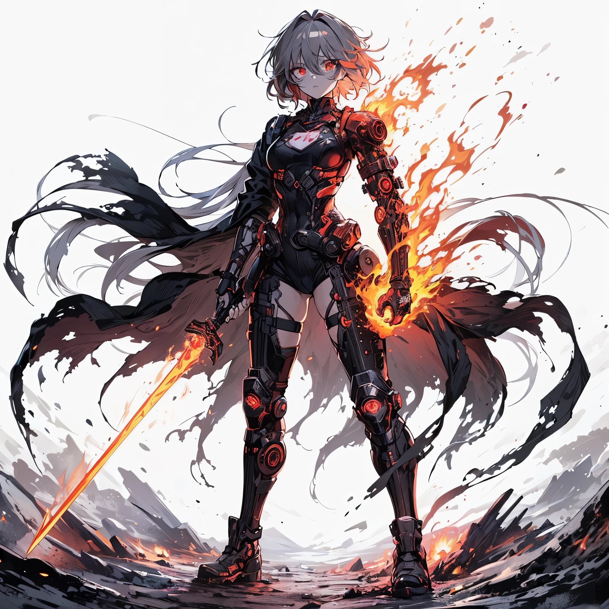 (Masterpiece), (Perfect Athlete Body:1.2), Full Body, anime style, cyberpunk undead girl, glowing red eyes, ash hair, black burned armguard, shedding molten iron like blood, holding sword, flaming fist, wearing raised boots, White Background, Whole Body, Standing in Rough Terrain
