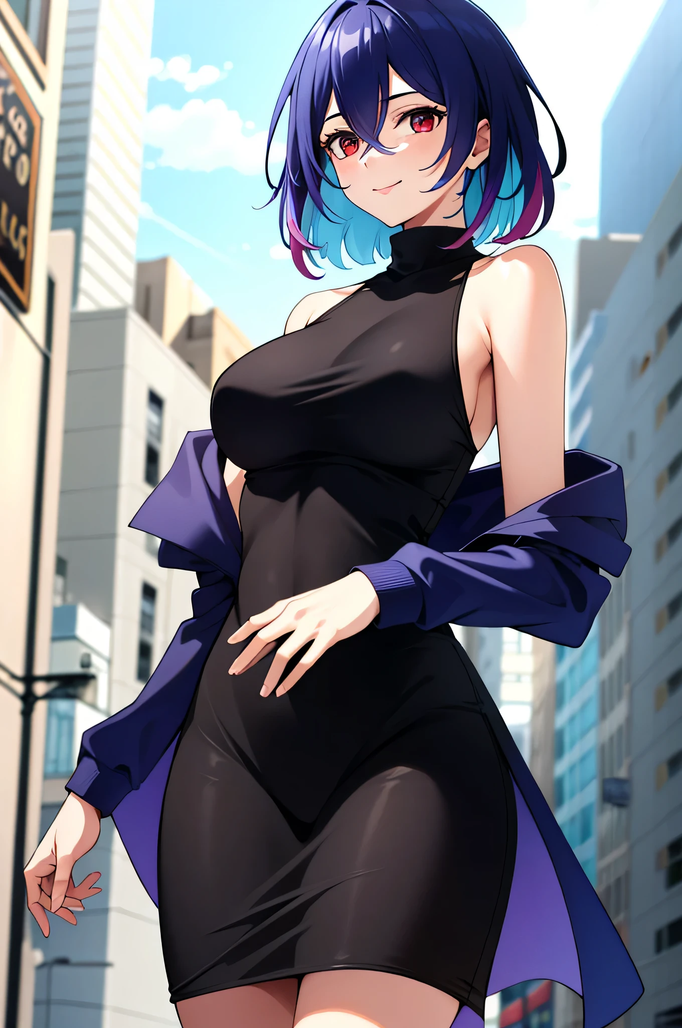 tall body, tall, long legs, mature female, mature, adult, simple background eft_vermeil, 1girl, solo, breasts, dress, turtleneck dress, purple hair, black dress, red eyes, large breasts, sleeveless, smile, medium hair, looking at viewer, sleeveless dress, outdoors, hair between eyes, turtleneck, bare shoulders, short dress, short hair, blue hair, multicolored hair, standing, bangs, closed mouth
