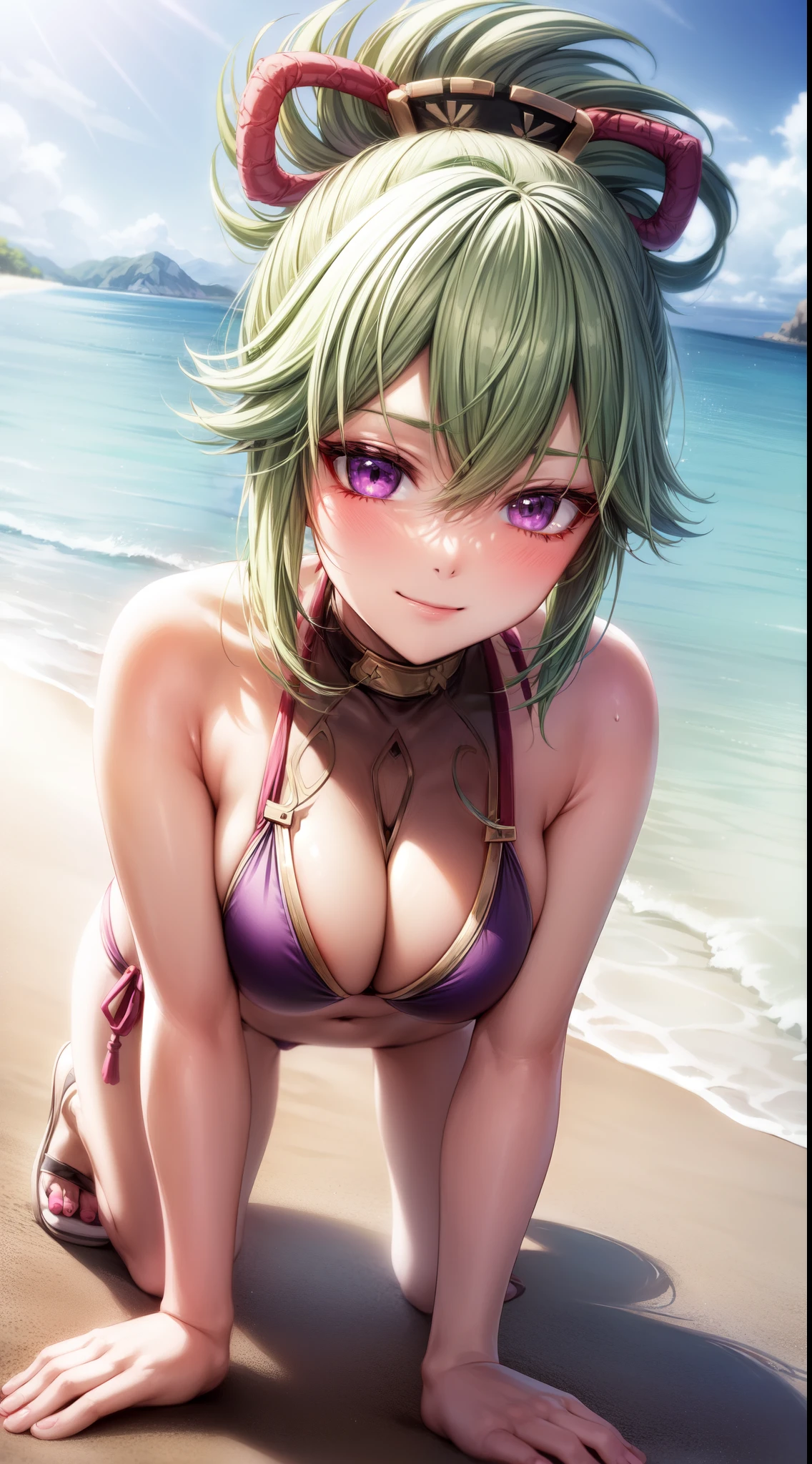 anime, beautiful face, highly detailed face, purple detailed eye, highly detailed beach background, best lighting, no shadows, 1girl, solo, outdoors, genshin impact, kuki shinobu, beautiful short green hair, hair bow, absurdres, high res, ultrasharp, 8K, masterpiece, looking at viewer, blushing, (teasing smile:1.2), BREAK (detailed sexy beach bikini:1.4), (sexy pose:1.0), on all fours, close up