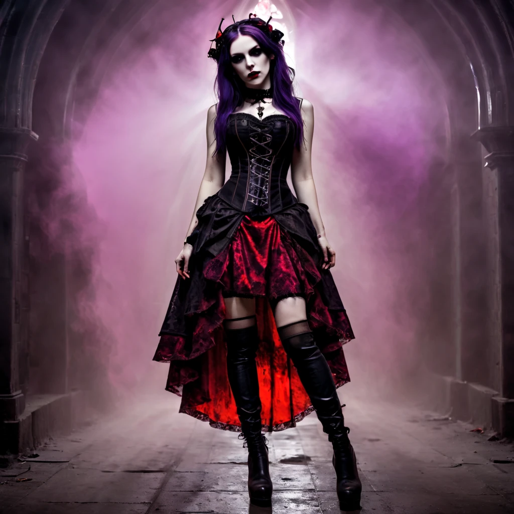 realistic photo, full shot, cyberpunk and gothic style, gothic, dark, futuristic, neo-gothic, steampunk gothic, woman (age 30), (realistic face), futuristic gothic outfit, pale skin, gothick makeup, long dark hair in gothick hairstyle with red highlights, red corset, black and red gothic lolita skirt with long back, black stockings (cabaret), lace, boots with a high upper imersive gothic background, neon lighting (dark purple, dark red, little yellow), dark smoke on ground, myth, gothic cathedral with neons, raw photo, HDR, camera (full shot, dutch angle)