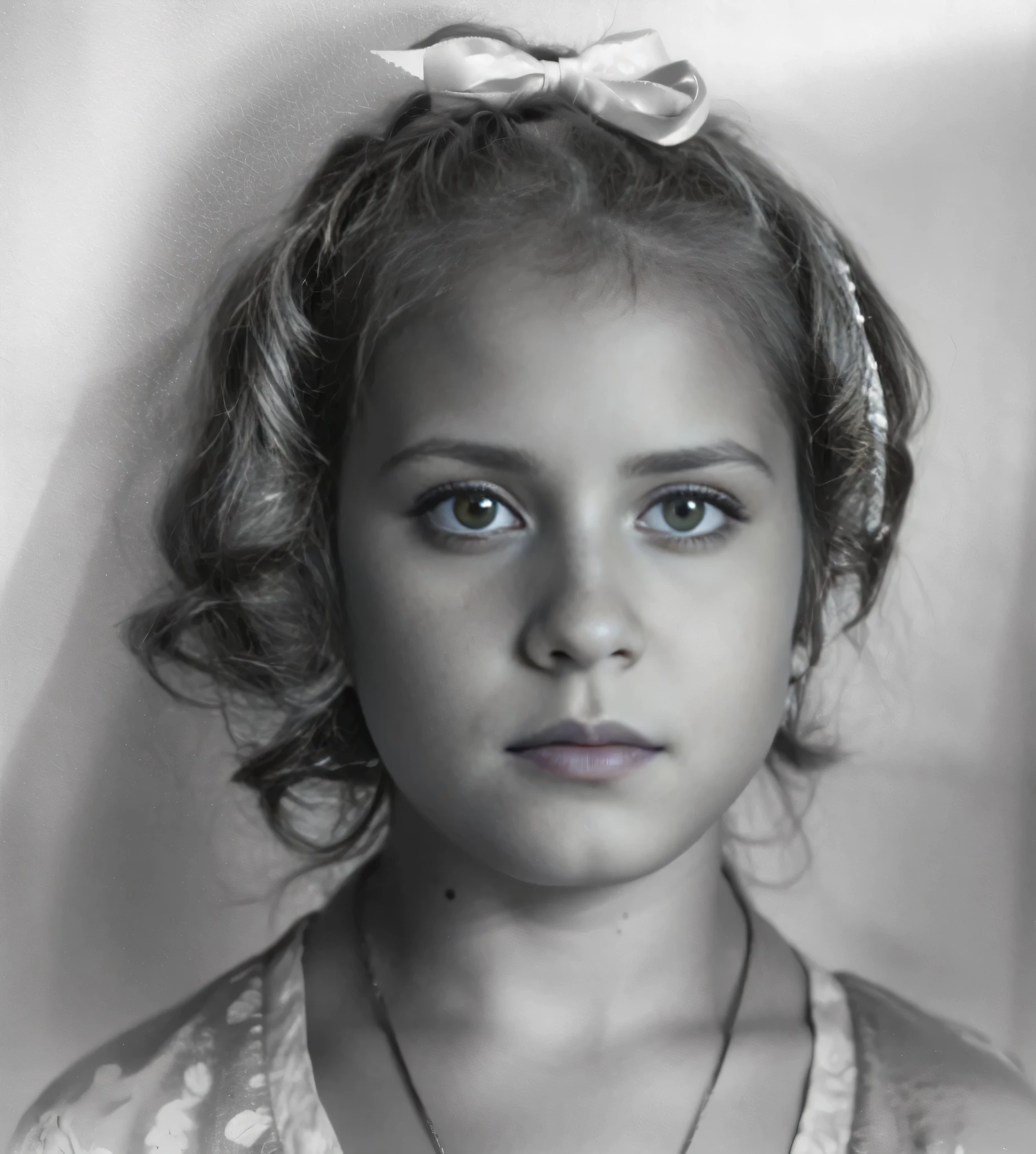 a black and white photograph of a girl with a bow on her head., foto antigua realista, foto antigua en blanco y negro, vieja foto en blanco y negro, Foto antigua realista, foto antigua en blanco y negrograph, front portrait of a girl, foto de 1940, Classic portrait, retrato joven, por Anna Fussli