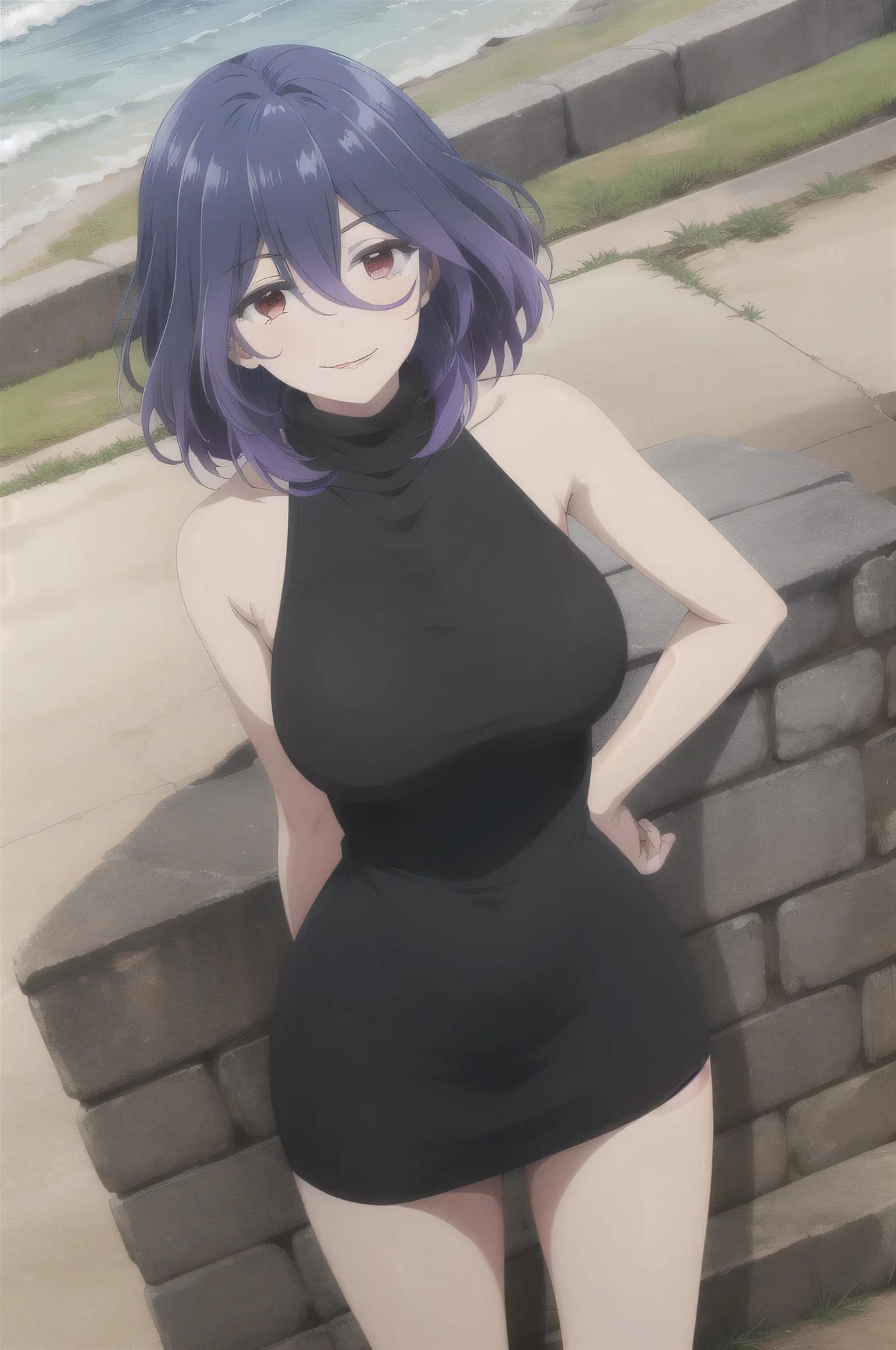 tall body, tall, long legs, mature female, mature, adult, simple background eft_vermeil, 1girl, solo, breasts, dress, turtleneck dress, purple hair, black dress, red eyes, large breasts, sleeveless, smile, medium hair, looking at viewer, sleeveless dress, outdoors, hair between eyes, turtleneck, bare shoulders, short dress, short hair, blue hair, multicolored hair, standing, bangs, closed mouth
