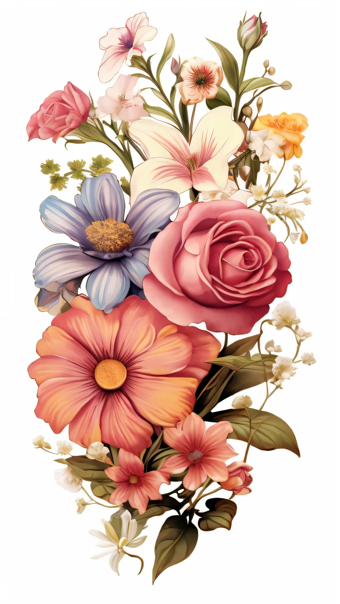 there is a bouquet of flowers that is on a white background, detailed flowers, colored flowers, with colored flowers, floral flowers colorful, flowers and blossoms, blooming flowers, colorful flowers, pretty flowers, rich flower colors, beautiful flowers, ornate flowers, elegant flowers, flowery, colourful flowers, flowers with intricate detail, floral design, magical colorful flowers