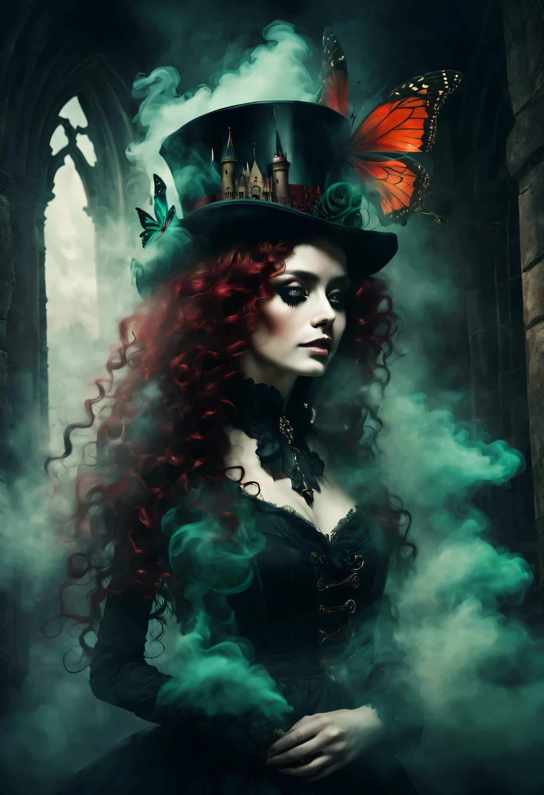 gothic dark art，double contact，Dream，amazing rag doll，ethereal，Long curly crimson hair，castle，dark green，top hat，gear，Butterfly，smokes，
