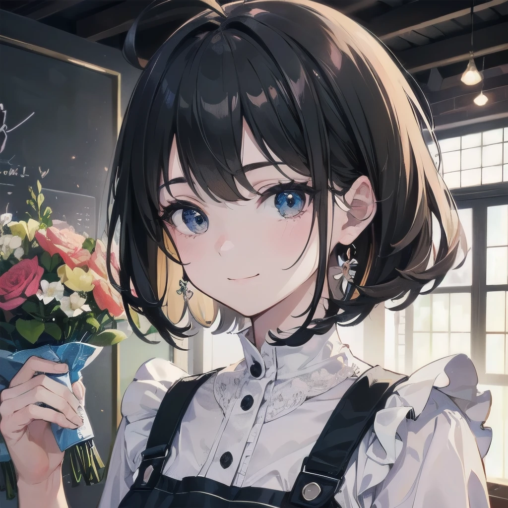 (8k, best quality, top quality:1.3), (HDR, High resolution, ultra realistic details:1.1), (Originality, fine illustration, masterpiece:1.2), (pastel colors, watercolor), ((cheerful atmosphere)), BREAK (18 year old girl working at a flower shop:1.4), (kind expression, slightly sleepy face, smiling:1.3), (shining black hair, medium hair, ahoge hair:1.3), (watering flowers in front of flower store, long black hair and apron:1.3) (highly detail face:1.2), (kawaii), (bishoujo:1.2), (shiny white skin, transparent skin:1.2), (symmetrical eyes, highly beautiful detailed eyes:1.2), (big eyes:1.1), (drooping eyes:1.2), BREAK (The florist is small but friendly:1.3), (perfect fingers, perfect hands, perfect anatomy), BREAK ((movie scene, cinematic)), (female focus:1.2), (depth of field:1.4), (background blur, bokeh:1.3),