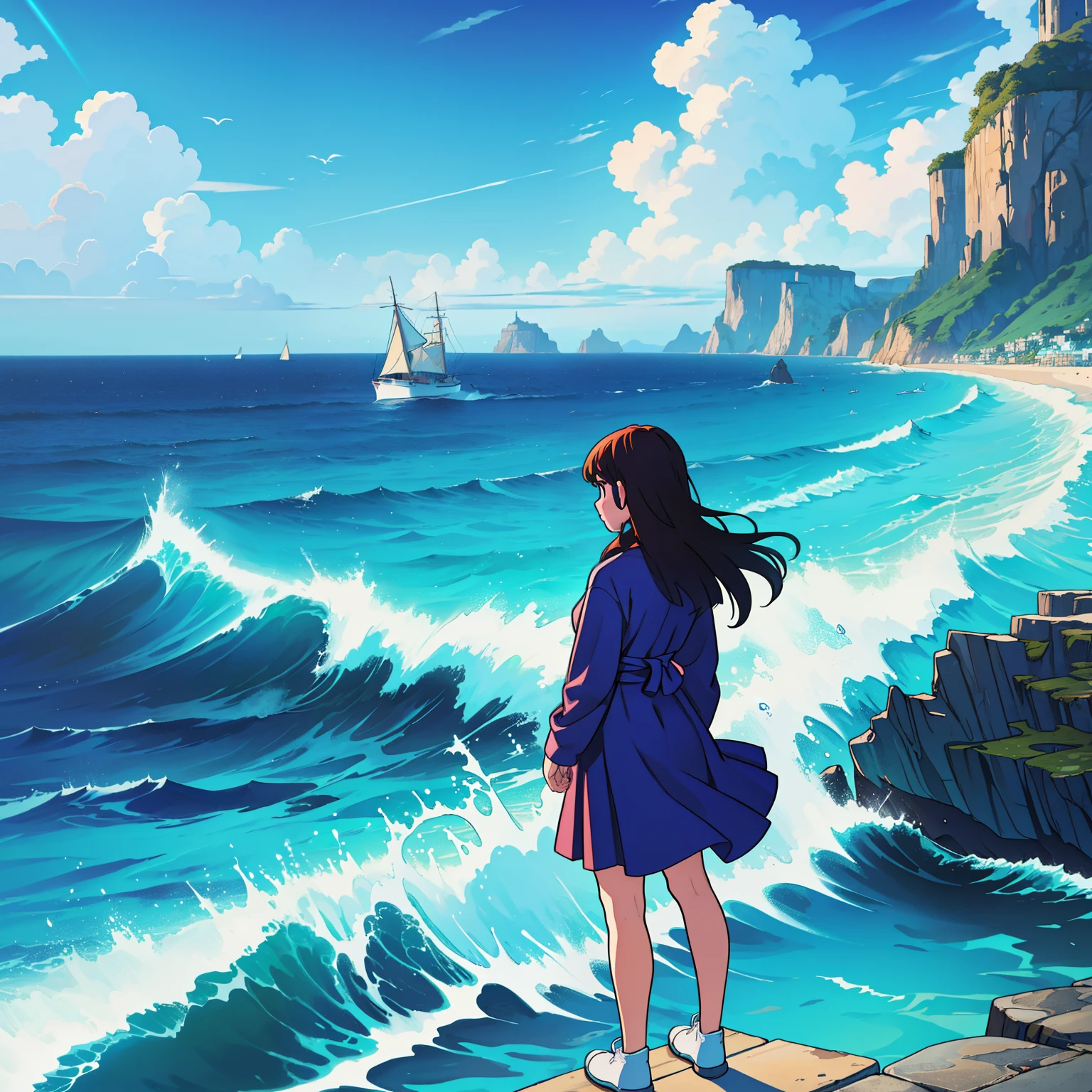 (extremely detailed CG unity 8k wallpaper,masterpiece), realistic hand details, vestido longo, splash art style, high wind, dreamy romance, standing on a beach,vibrant ocean waves[contains: "sense of", "S2"], breathtaking view, fantasy-like
