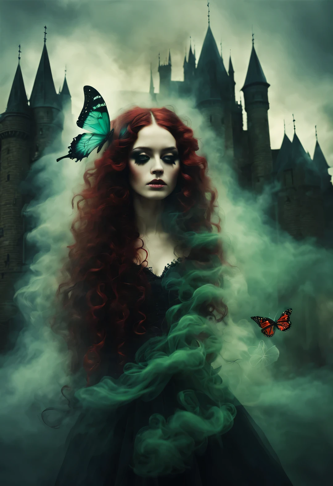 gothic dark art,Dream,amazing rag doll,ethereal,Long curly crimson hair,castle,dark green,double contact,Butterfly,smokes,