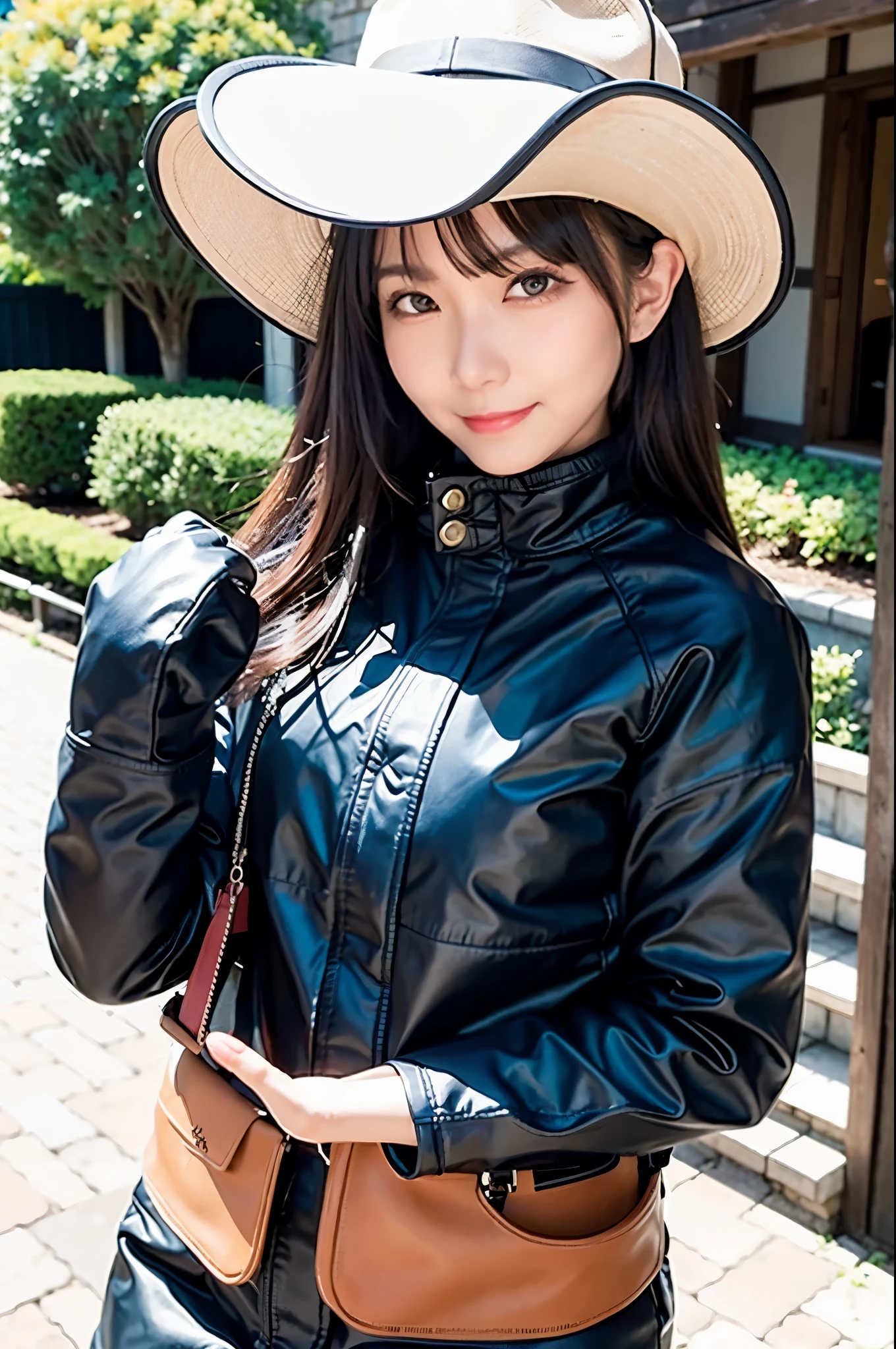 (masterpiece, best quality:1.2), cowboy shot, solo, 1girl, komori met, smile, looking at viewer, black headwear, jacket, long sleeves, gloves