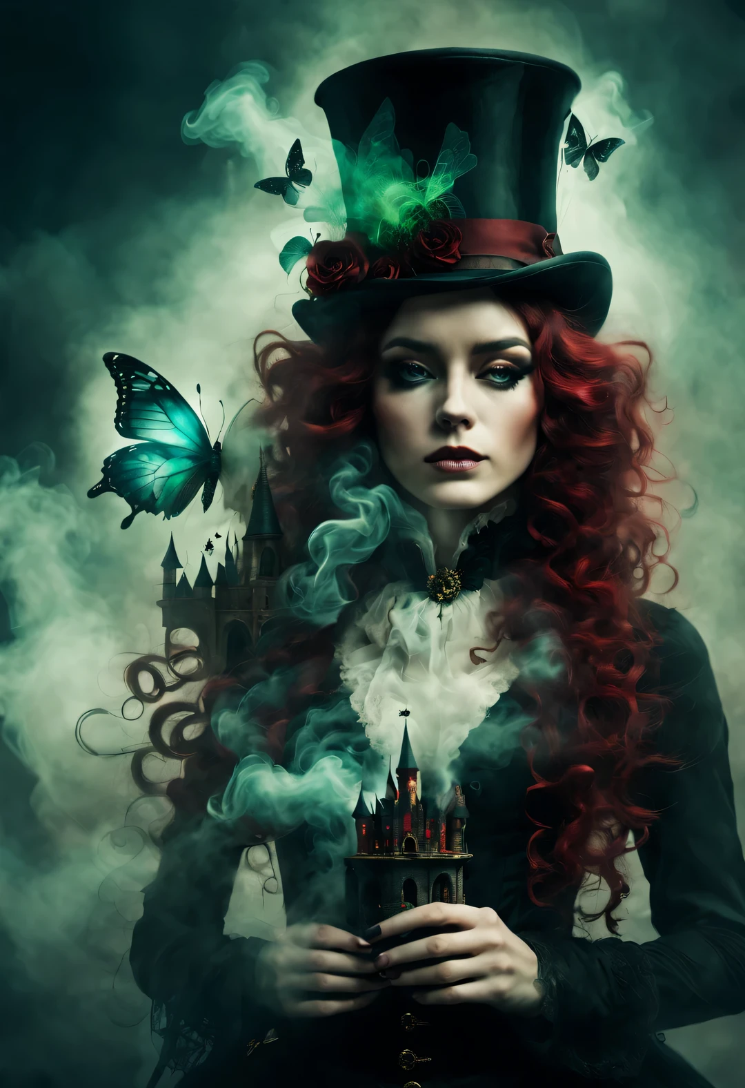 gothic dark art,double contact,Dream,amazing rag doll,ethereal,Long curly crimson hair,castle,dark green,top hat,gear,Butterfly,smokes,