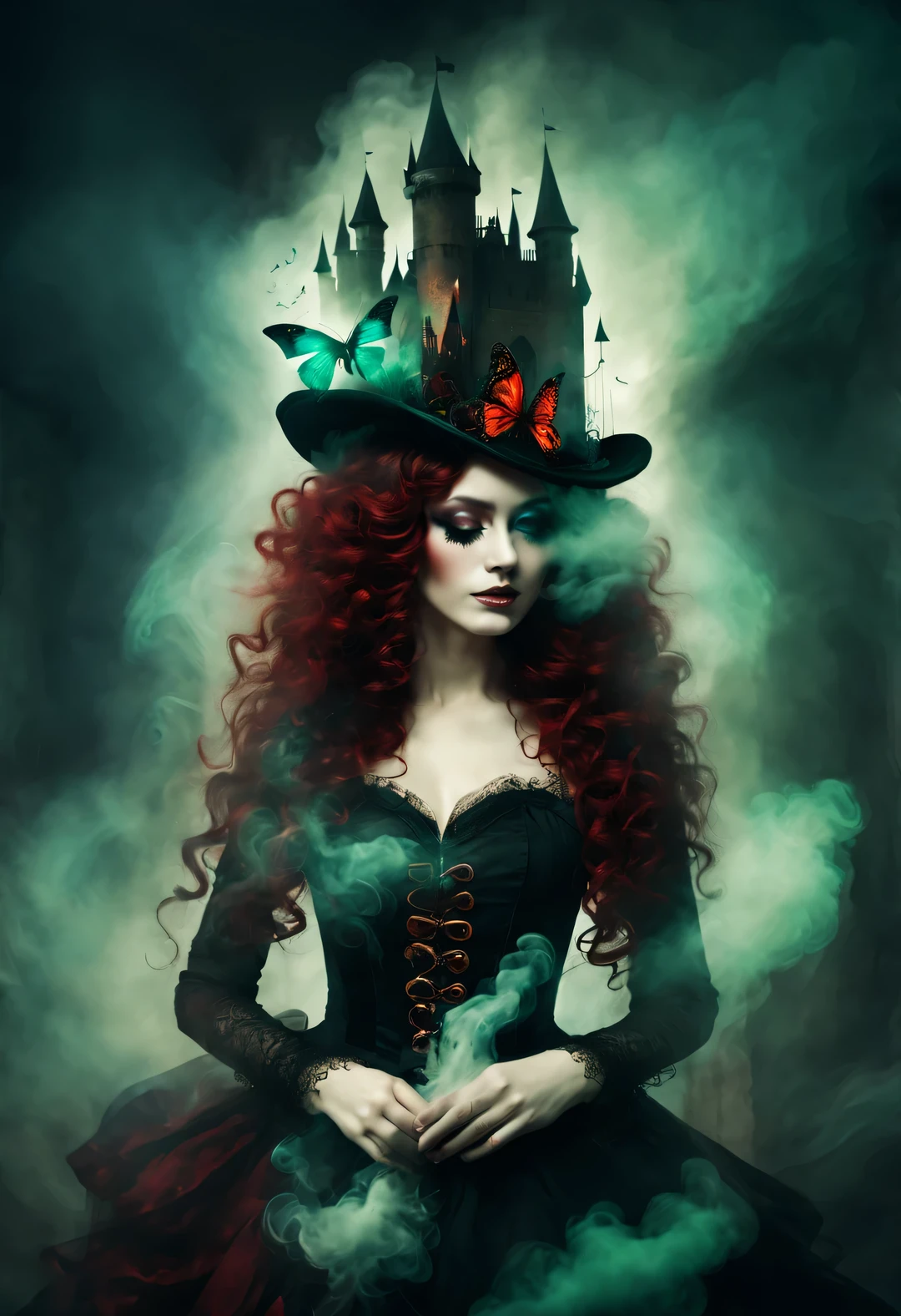 gothic dark art，double contact，Dream，amazing rag doll，ethereal，Long curly crimson hair，castle，dark green，top hat，gear，Butterfly，smokes，