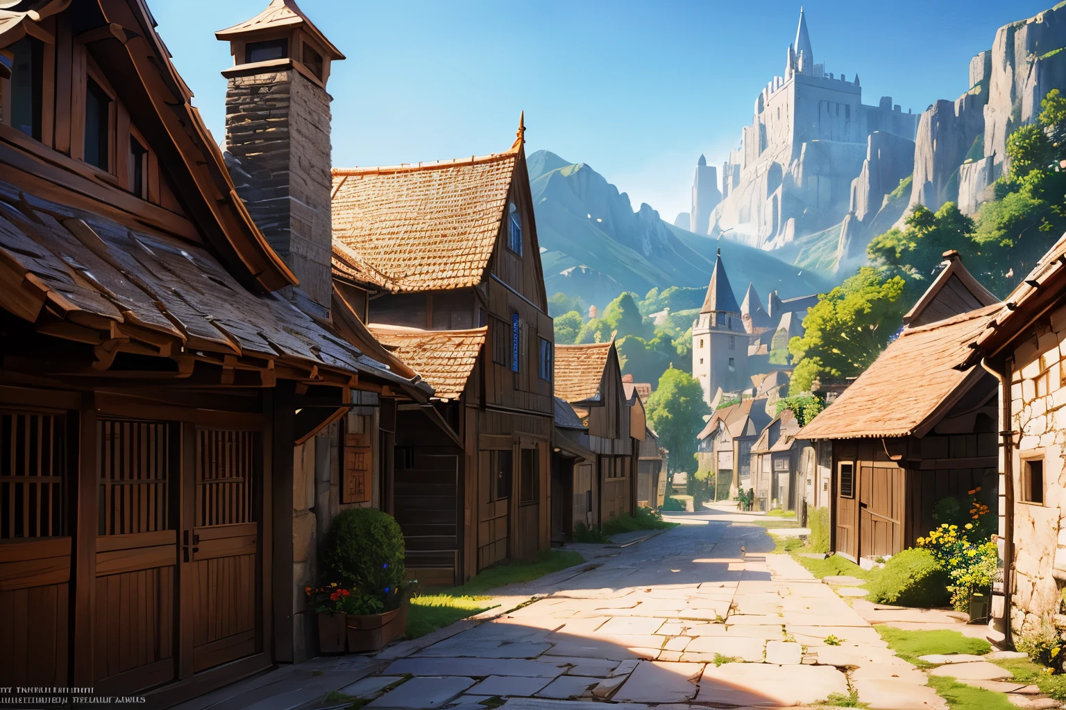 A small medieval village, fantasy, D&D, concept art, sharp focus, trending on artstation, digital painting, midday, sunny, beautiful, texture, wizards of the coast, tabletop, roleplay