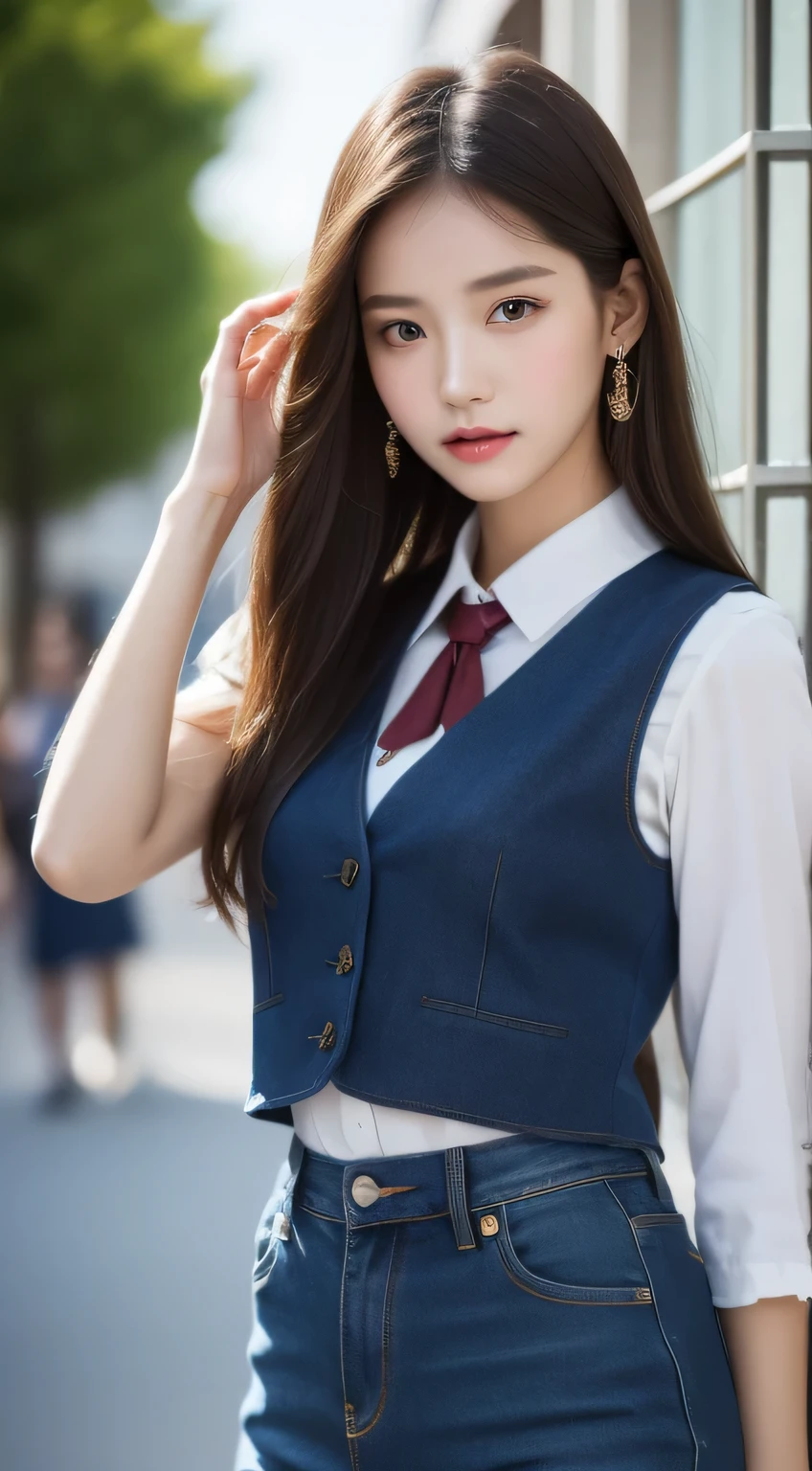 whole body, female, feeble, Elegant appearance, Beautiful and sexy supermodel, 22 years old, heavy makeup, 아름답고 Perfect한 얼굴, fit your body, correct anatomy, bright eyes, realistic body, 16k resolution, Original image, high detail, high image quality, sharp focus, dynamic lighting, high depth of field, reply, girl\sv neck vest, thin_Jeans Skirt, ornate clothes, whole body, At school, korean, Real Hands, Perfect,