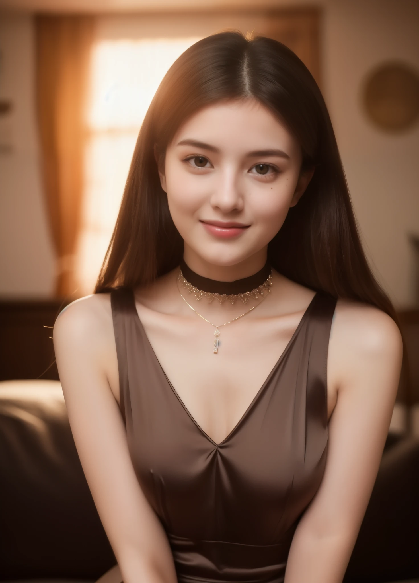 beautiful 20 year old woman。She is wearing a satin camisole、I wear a choker around my neck。 。She looks ecstatic as if she had an orgasm during sex..。her dark brown hair。 High resolution、masterpiece、highest quality、頭w:1.0、((Hasselblad Photos))、fine skin、fine knit、(movie lighting)、clavicle . 