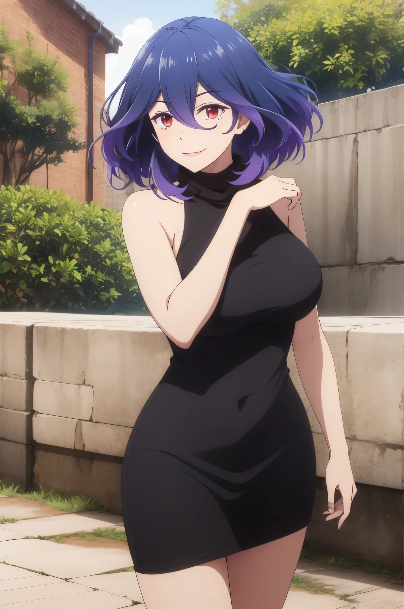 tall body, tall, long legs, mature female, mature, adult, simple background eft_vermeil, 1girl, solo, breasts, dress, turtleneck dress, purple hair, black dress, red eyes, large breasts, sleeveless, smile, medium hair, looking at viewer, sleeveless dress, outdoors, hair between eyes, turtleneck, bare shoulders, short dress, short hair, blue hair, multicolored hair, standing, bangs, closed mouth
