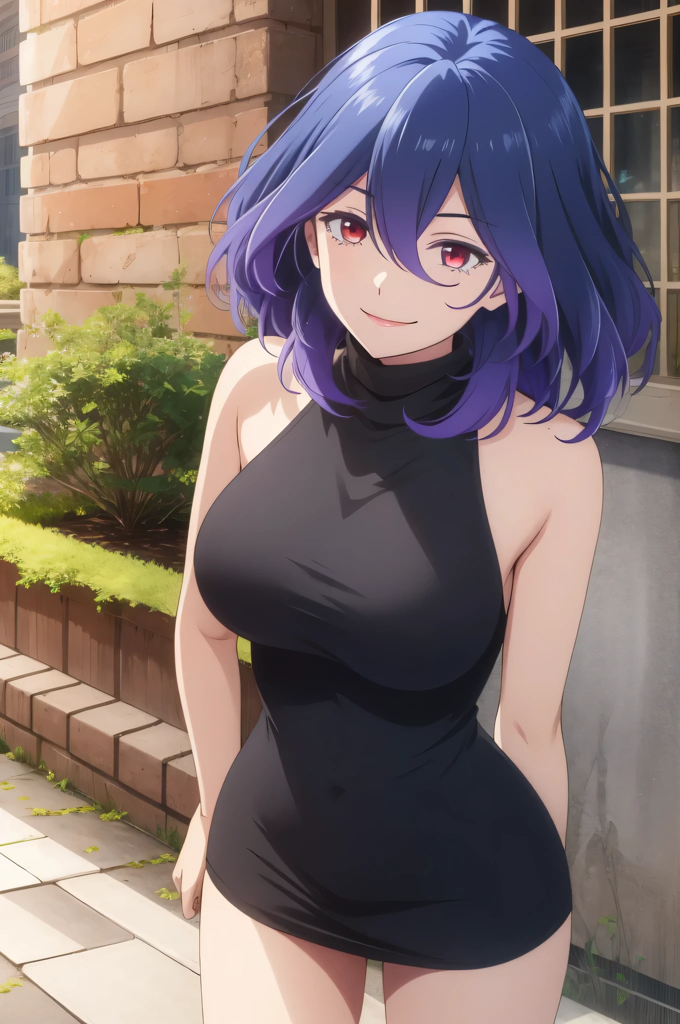 tall body, tall, long legs, mature female, mature, adult, simple background eft_vermeil, 1girl, solo, breasts, dress, turtleneck dress, purple hair, black dress, red eyes, large breasts, sleeveless, smile, medium hair, looking at viewer, sleeveless dress, outdoors, hair between eyes, turtleneck, bare shoulders, short dress, short hair, blue hair, multicolored hair, standing, bangs, closed mouth
