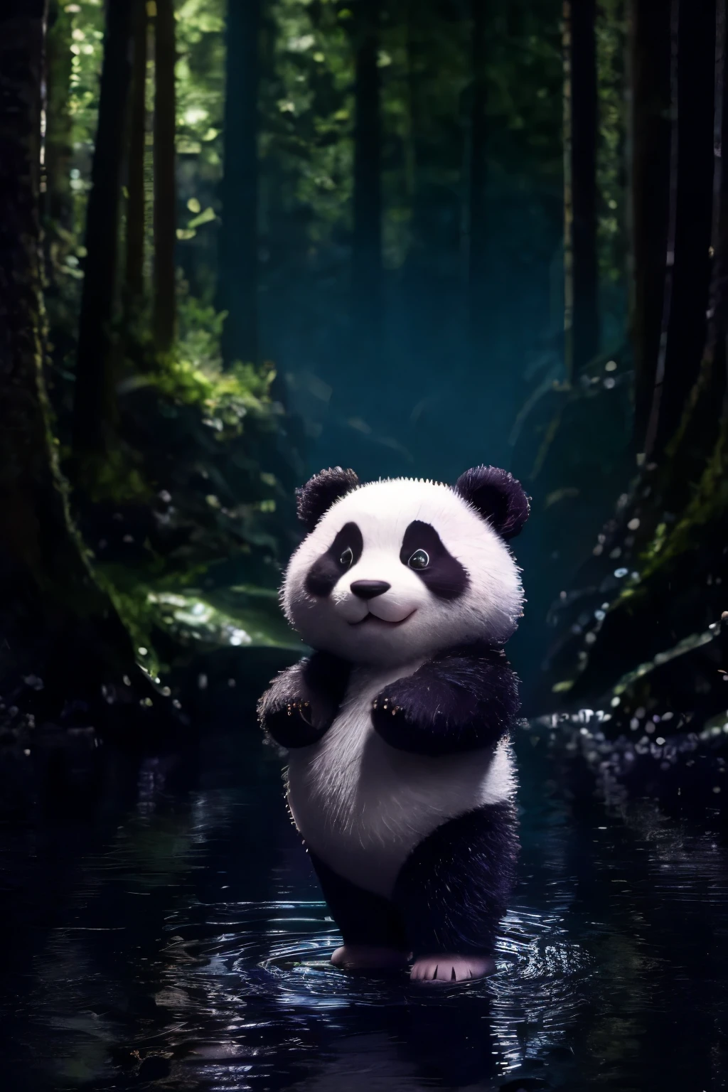 (artwork), (best quality), (ultra-detailed), (Full body:1.2), Super cute, Pixar, baby panda in pajamas, Big bright eyes, cuddly, smile, Delicate and fine, fairy tales, Incredibly highly detailed, Pixar style, bright color palette, natural light, Magic forest background with pure color, octane rendering, trending on Artstation, gorgeous, ultra wide angle, 8K, high definition, Realistic