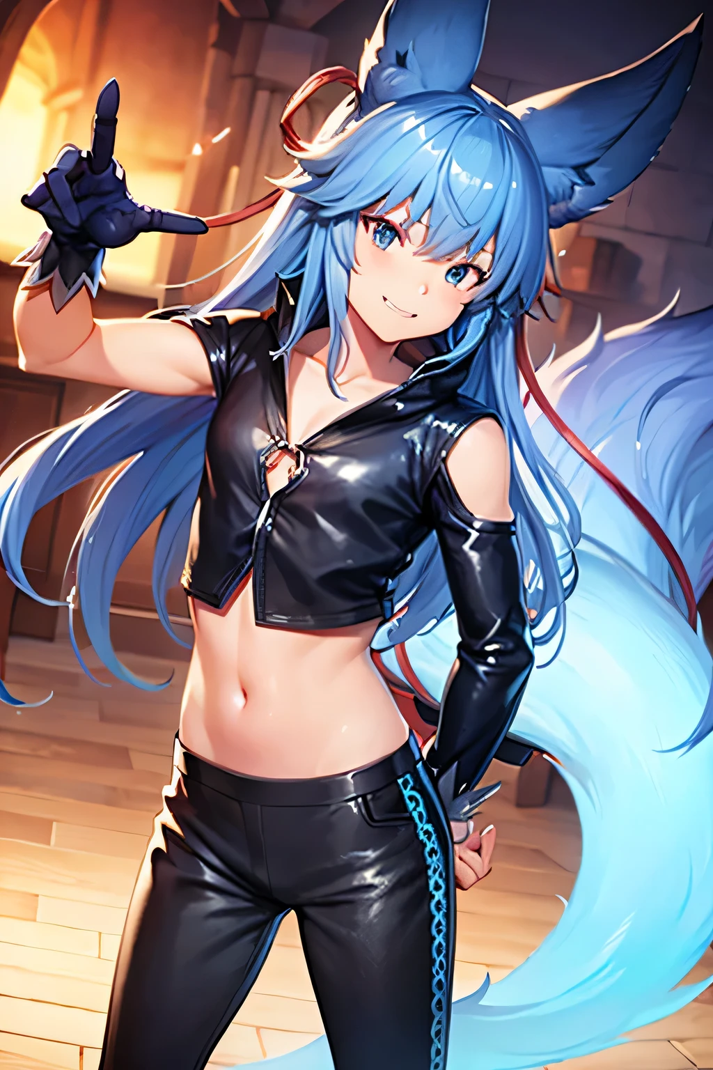 Orelhas de raposa Fenneko, cabelo azul ciano, grande cauda azul, playful smile, olhos azuis, cara, action stance, wearing a leather jumpsuit and medieval pants
