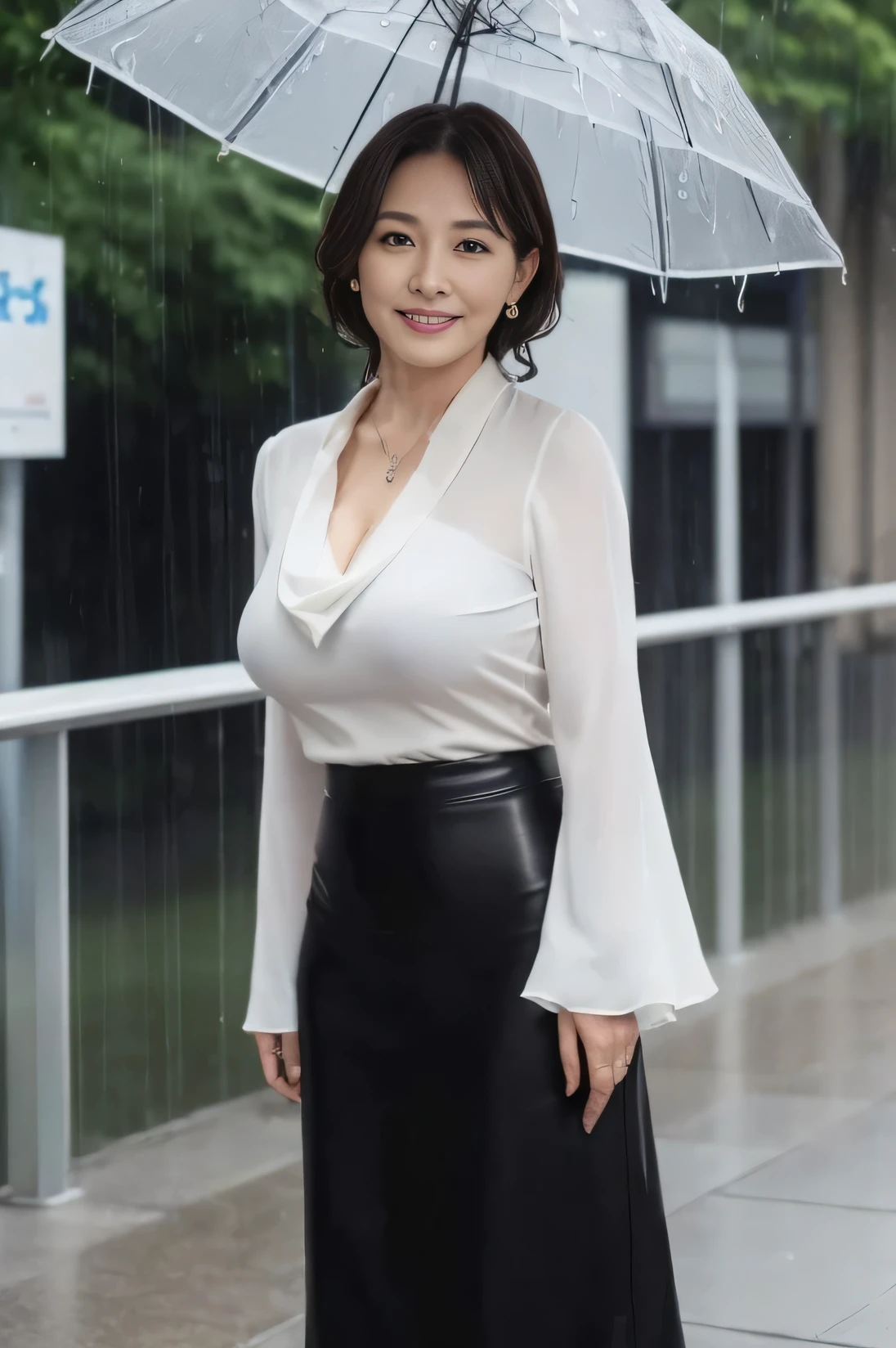 NSFW, ((highest quality, 8k, masterpiece, portrait: 1.3)), (View viewers), photorealism, Rain Street Corner, sharp focus, alone, Japan'Moro Islamic Liberation Front, beauty,wavy hair, wrinkles around the eyes, to emphasize, ((big breasts:1.3))),,30 years old, curly, wrinkled eyes, (white blouse, stand on one'my feet:1.2), (black long skirt), (high heels), ((looking at the viewer)), (The blouse is wet:1.3), (My underwear gets wet and becomes transparent:1.0),