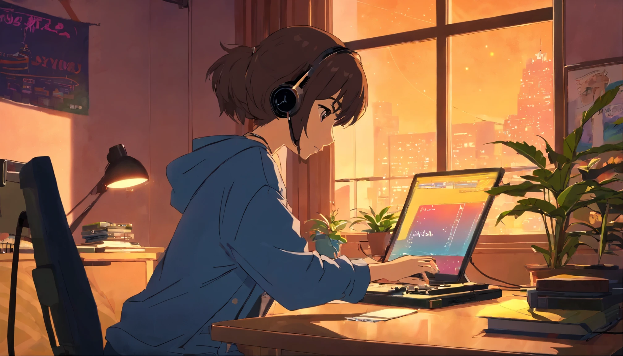 Girl convidando para assistir seu video studying and listening to music in a cozy room at night, Usando fones de ouvido, Anime estilo 2D, lo-fi, hard disk, Ambiente escuro,Foto de uma linda jovem de 20 anos, Listening to music with headphones, Super detalhe, retro wave, Ciberpunk, sad vibe, luz noturna pela janela, Jamaican statue by the window, Night vibrations, Um quarto, 2D, (Tiro longo), plano amplo, (barulho do filme), desenho animado antigo, (Muitos registros: 1.3), vinil record store, (obra de arte, qualidade muito alta, qualidade muito alta, arte oficial, beautiful and aesthetic: 1.2), (Muito detalhado, (arte fractal: 1.4 ), guitarra, (notas: 1.4), (hip-hop lo-fi), Vista lateral, textura de anime antigo, sozinho, Alto-falante, Ciberpunk, vinil, noite,hot cup of coffee, vaso com planta linda verde,cahorro peludinho de raça Yorkshire Terrier, picture on the wall with sonolândia written on it, telefone iphone sobre a mesa,estrelas no ceu passando um aviao ,uma linda calopsita branca em cima da mesa