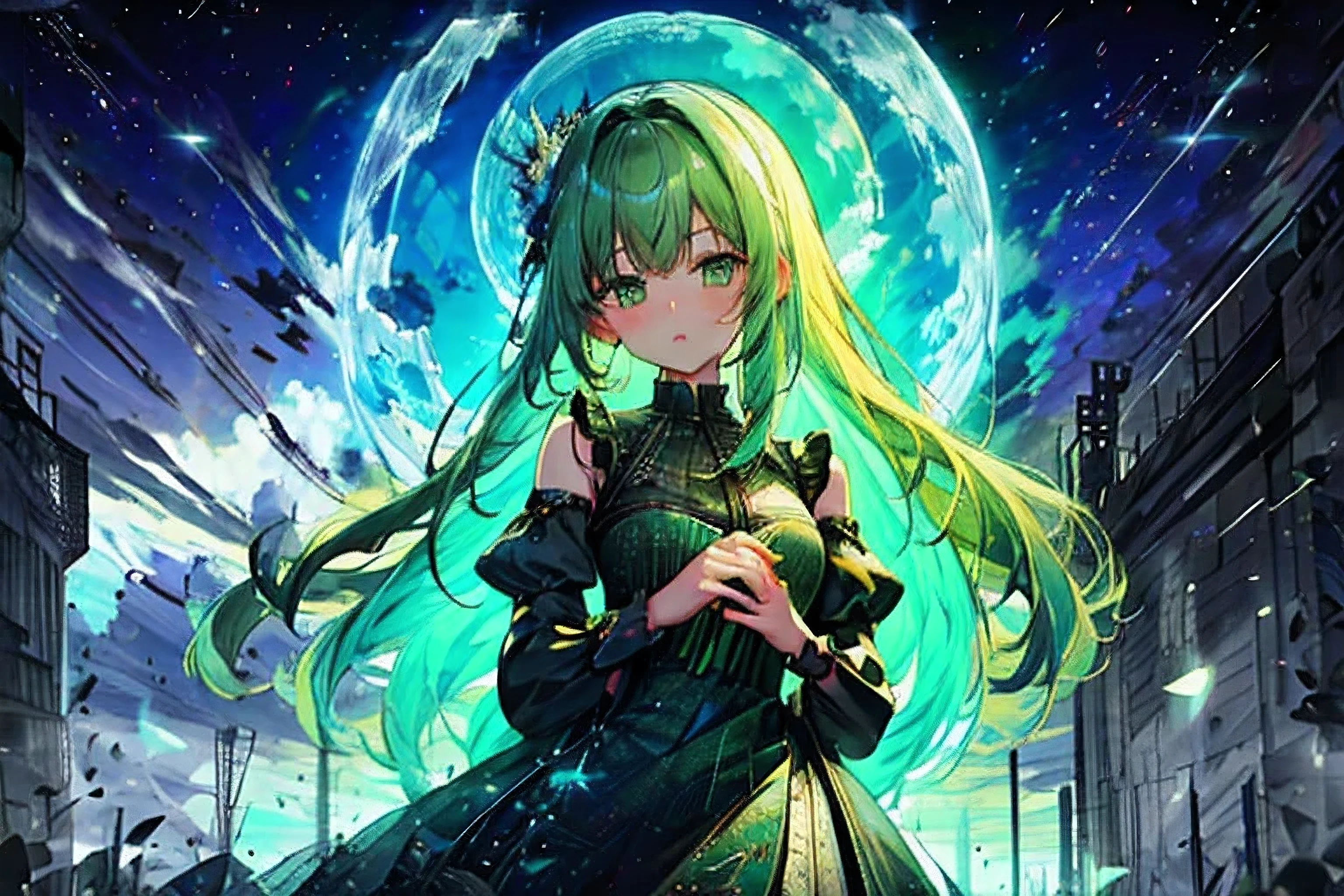 (8k, best quality, masterpiece:1.2),1girl, dress, green eyes, long hair, ultra detail cloth, beautiful decoration on dress,