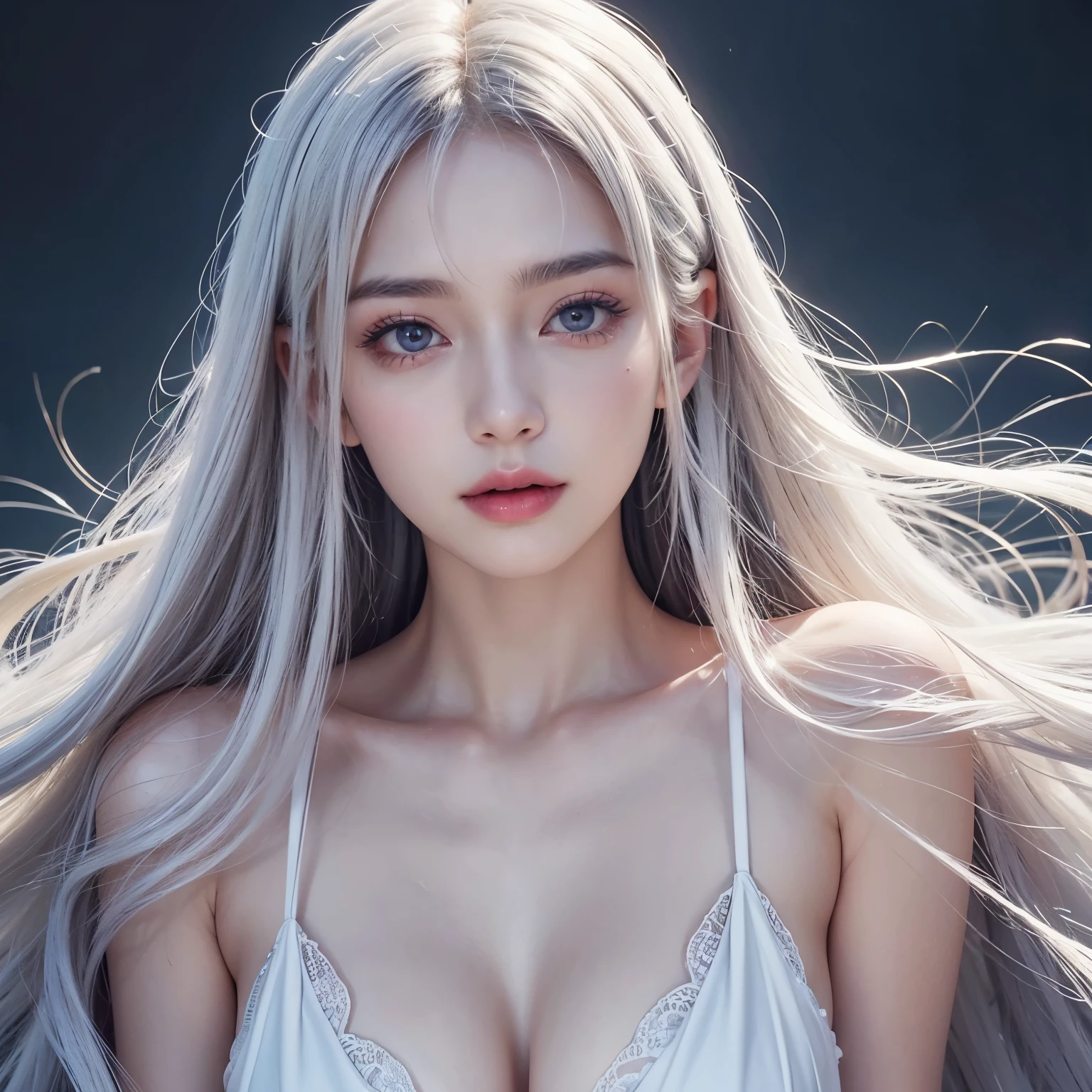 highest quality、masterpiece、(realistic:1.1), (((20-year-old, , mature face)))、super long straight hair、white hair color, bangs between the eyes、white skin、glowing skin、 princess dress, frontage、detailed face、so beautiful、Sparkling vivid purple eyes、(bright look:1.1)、 Winter Vivid and sharp focus, (((ginormous chest))),looking at the viewer, top-quality、超A high resolution、a red dress、large full breasts,