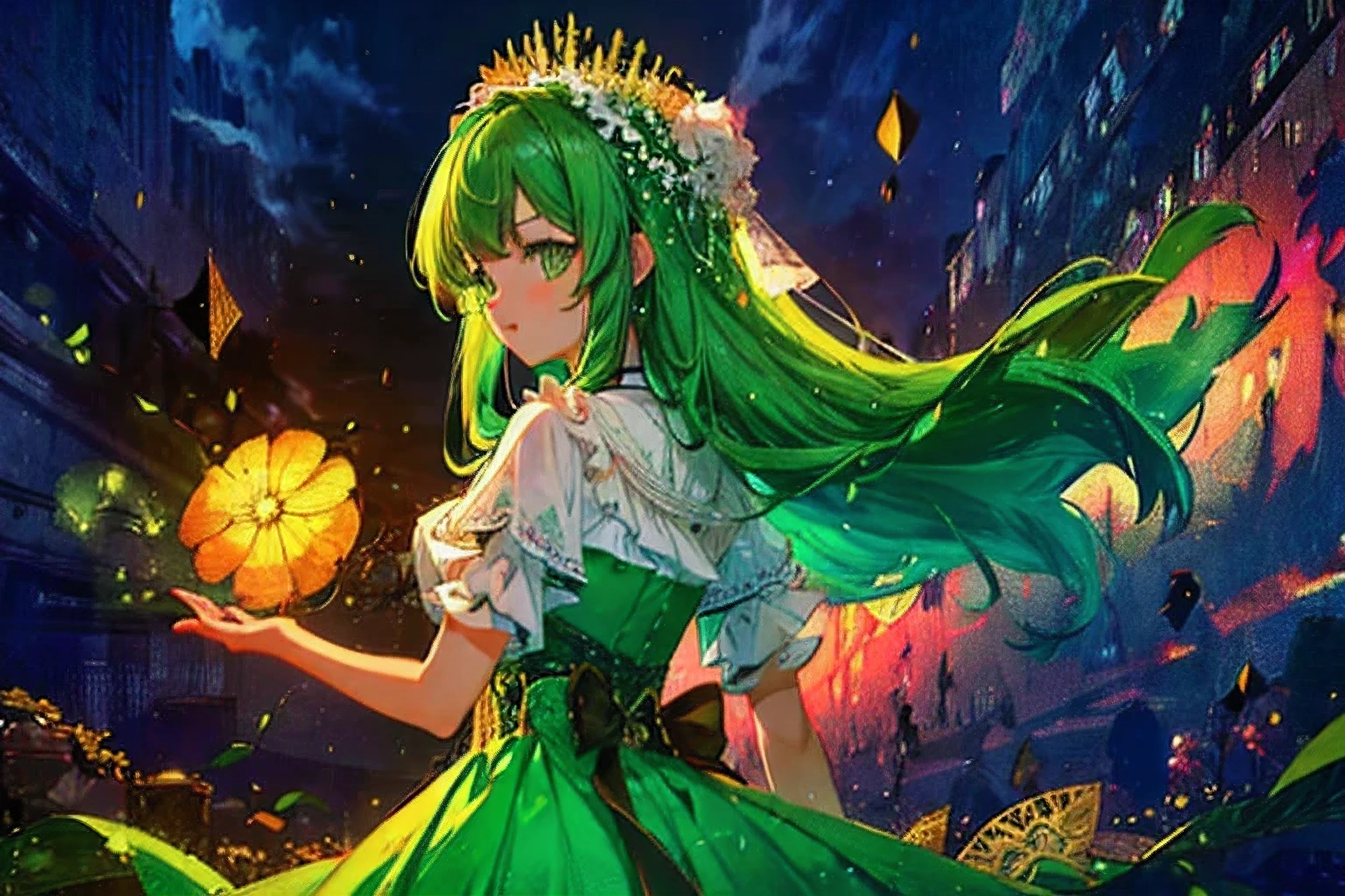 (8k, best quality, masterpiece:1.2),1girl, dress, green eyes, long hair, ultra detail cloth, beautiful decoration on dress,