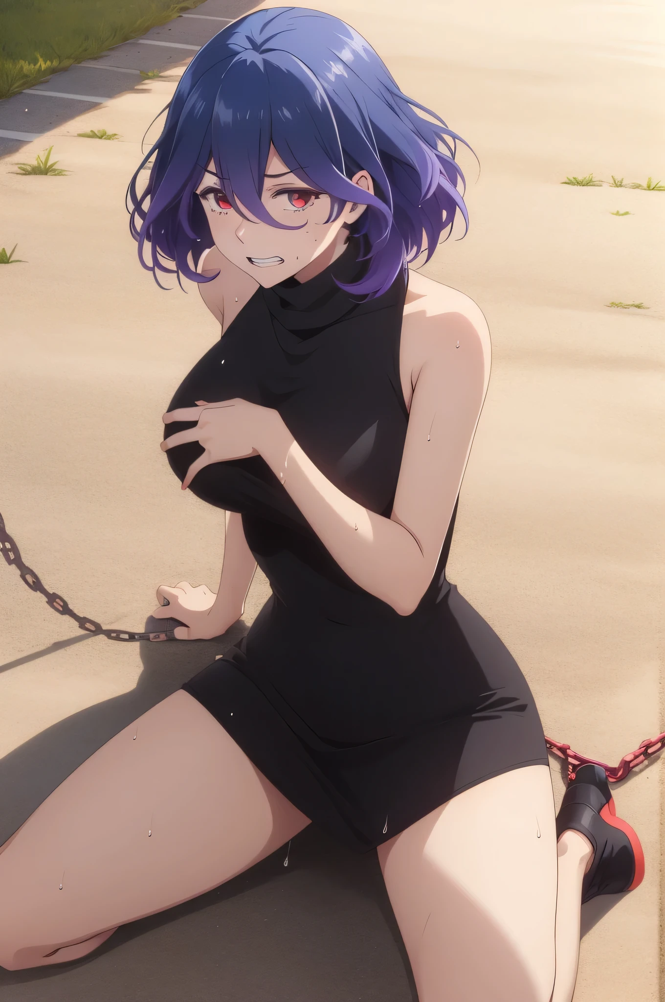 tall body, tall, long legs, mature female, mature, adult, simple background eft_vermeil, 1girl, solo, breasts, dress, turtleneck dress, purple hair, black dress, red eyes, large breasts, sleeveless, smile, medium hair, looking at viewer, sleeveless dress, outdoors, hair between eyes, turtleneck, bare shoulders, short dress, short hair, blue hair, multicolored hair, standing, bangs, closed mouth
sitting on bed, from above, pussy, nipples, spread legs, teeth,suggestive fluid, sweat, dog collar, leash, (((leash pull))), (viewer holding leash:1.4)(((cry,despair,fear,sweat,tears,frightened)))