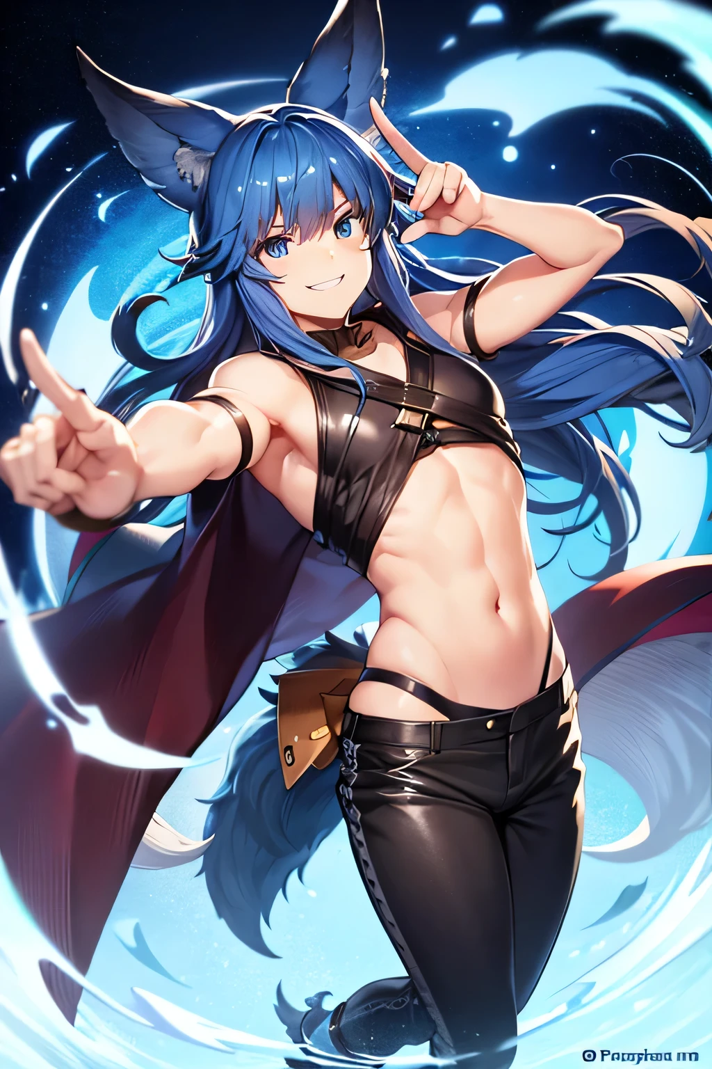 Orelhas de raposa Fenneko, cabelo azul ciano, grande cauda azul, playful smile, olhos azuis, cara, action stance, wearing a leather jumpsuit and medieval pants
