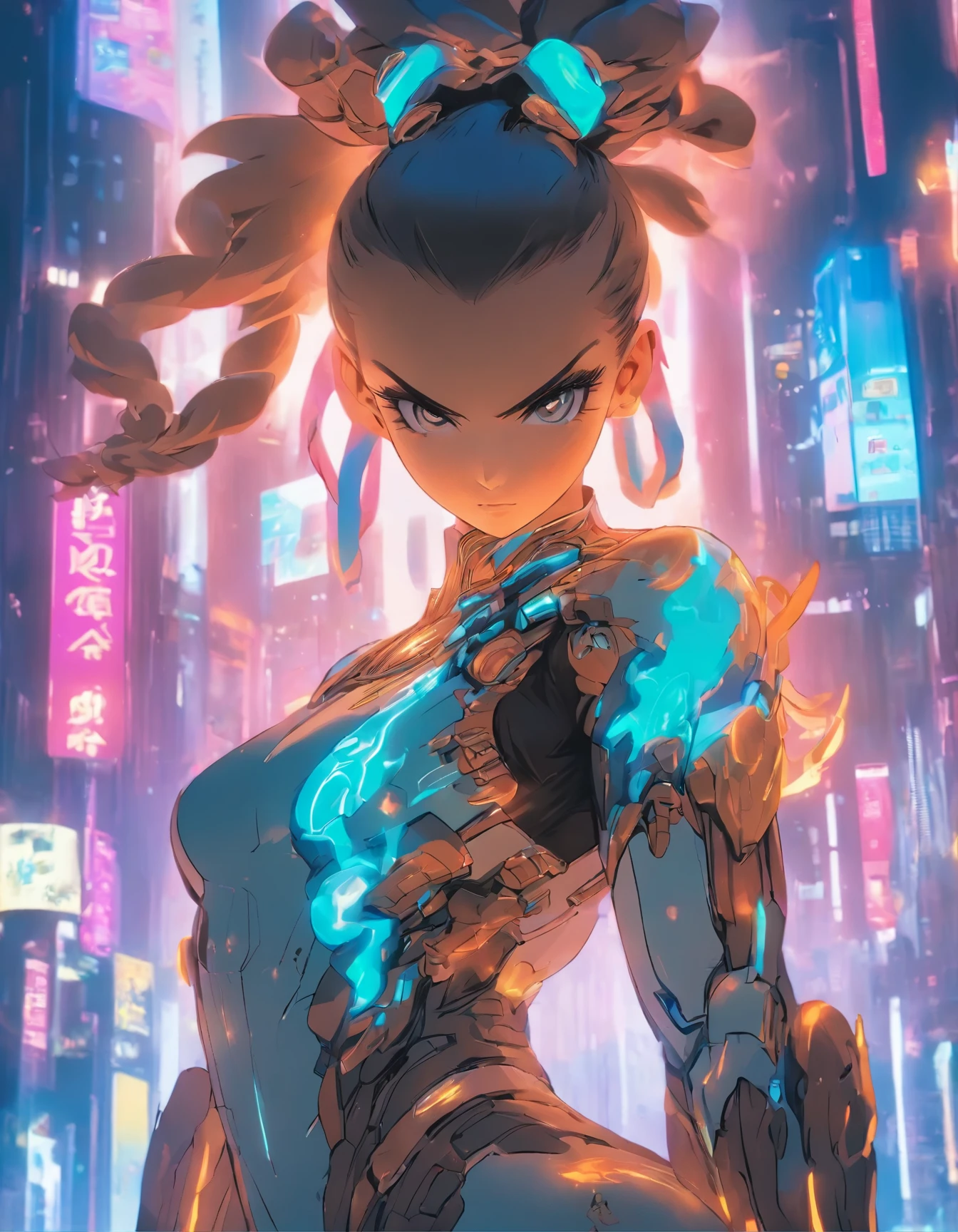 (best quality:1.3),(masterpiece:1.2),16k,level picture quality,future technology,1girl,A Chinese Chun-Li wearing a cyberpunk-style mecha costume,meatball head,(glowing electronic screen),(Electronic information flow:1.3),Holographic projection,(Glowing electronic screen on arm:1.2),Multi-line light strips all over the body,Luminous text on thigh,(girl pose:1.2),Colored smoke,City blocks,skyscraper,neon lights,