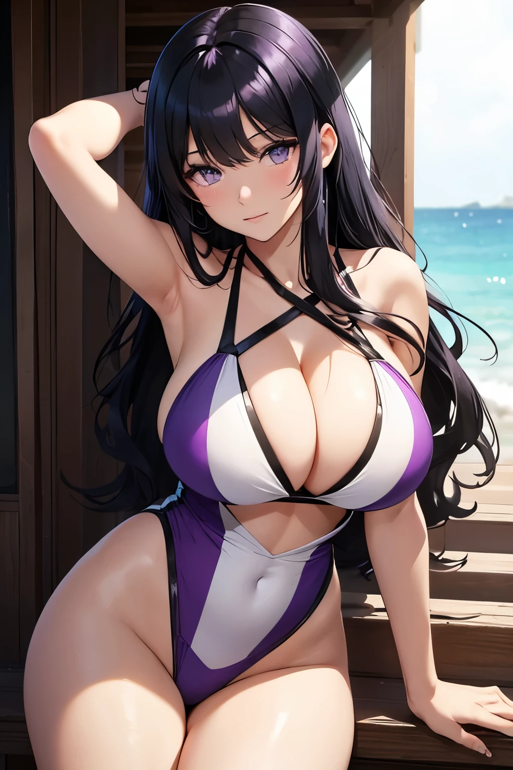 Beautiful girl, black hair, Blake, purple hair tips, Blake, white swimsuit, big breasts, cleavage, sexy,