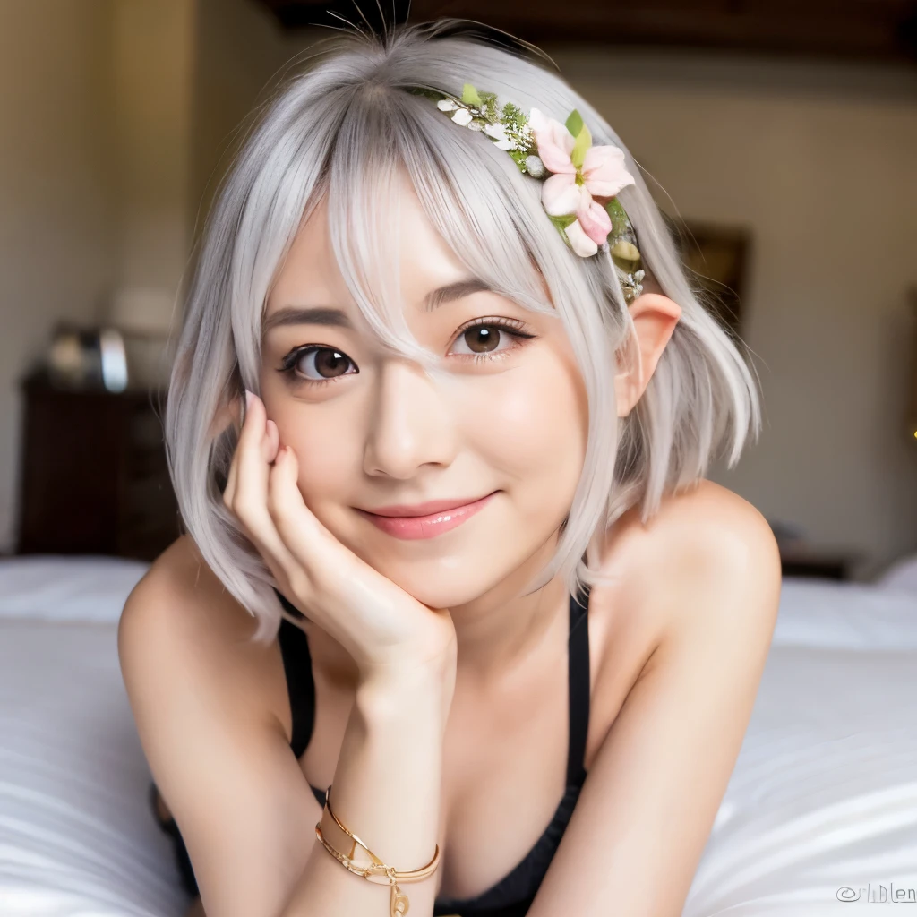 ((masterpiece)), ((best quality)), (ultra-detailed), look up from below, on the bed, a cute girl, 1girl, solo, Micro Bikini 00, ((beautiful eyes)), smile, beautiful silver hair