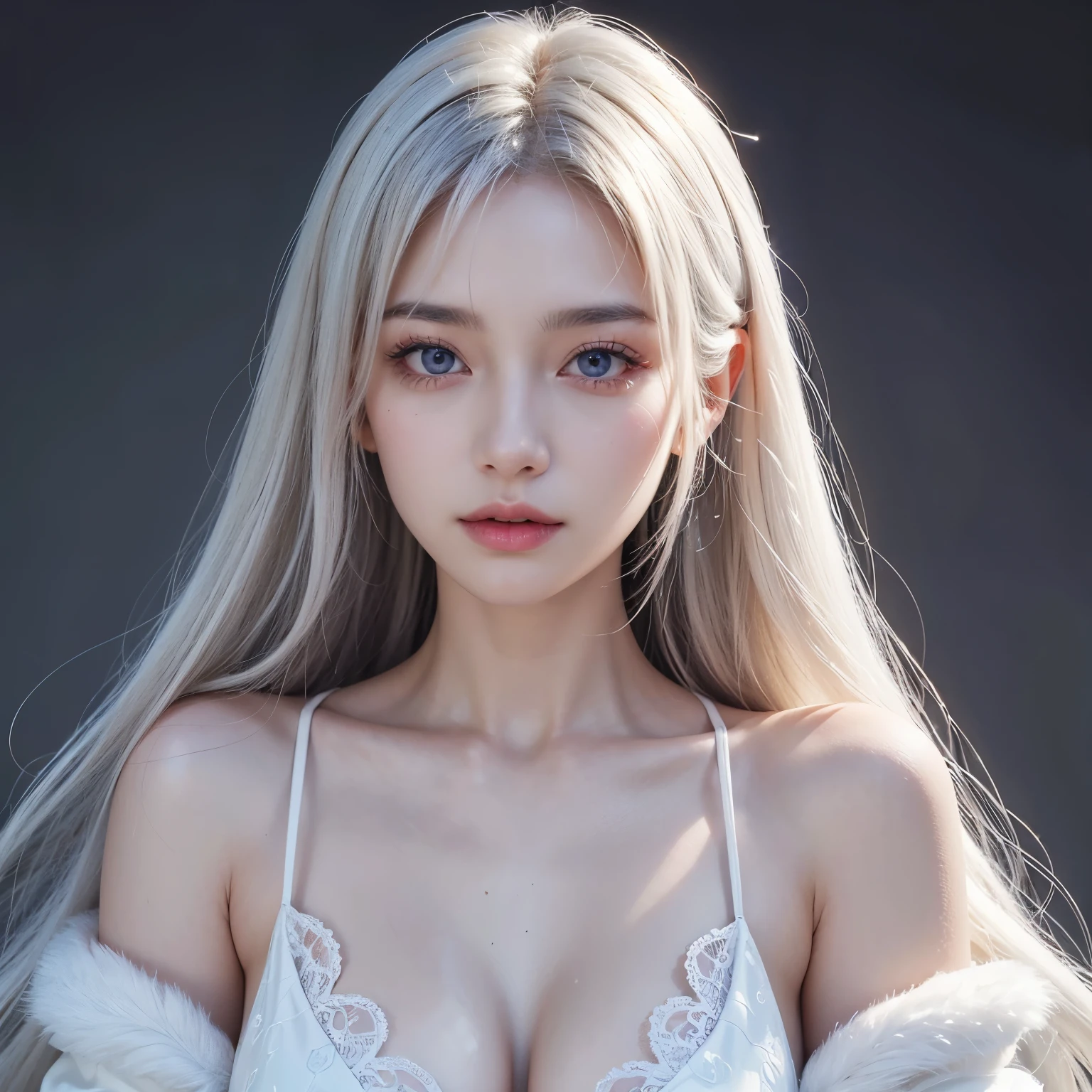 highest quality、masterpiece、(realistic:1.1), (((20-year-old, , mature face)))、super long straight hair、white hair color, bangs between the eyes、white skin、glowing skin、 princess dress, frontage、detailed face、so beautiful、Sparkling vivid purple eyes、(bright look:1.1)、 Winter Vivid and sharp focus, (((ginormous chest))),looking at the viewer, top-quality、超A high resolution、a red dress、large full breasts,